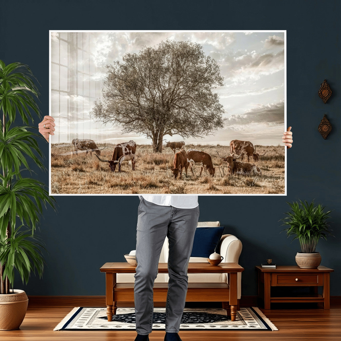87590224-MGV-CV-36X24 - Texas Longhorn Cattle Wall Art Canvas Print – Rustic Western Ranch Scene with Steers at Sunset, Perfect for Farmhouse or Cowboy Decor