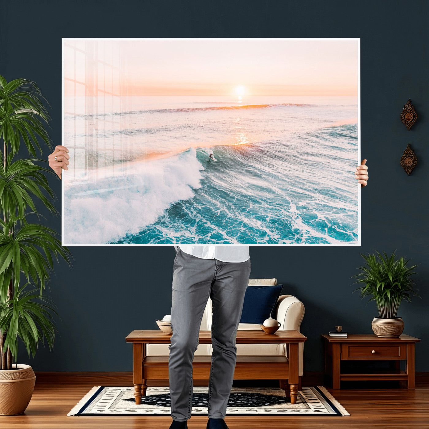 34064591-MGV-CV-36X24 - Sunset Surfing Wall Art Canvas Print, Ocean Wave Surfer with Golden Sky Artwork for Home, Office, Living Room