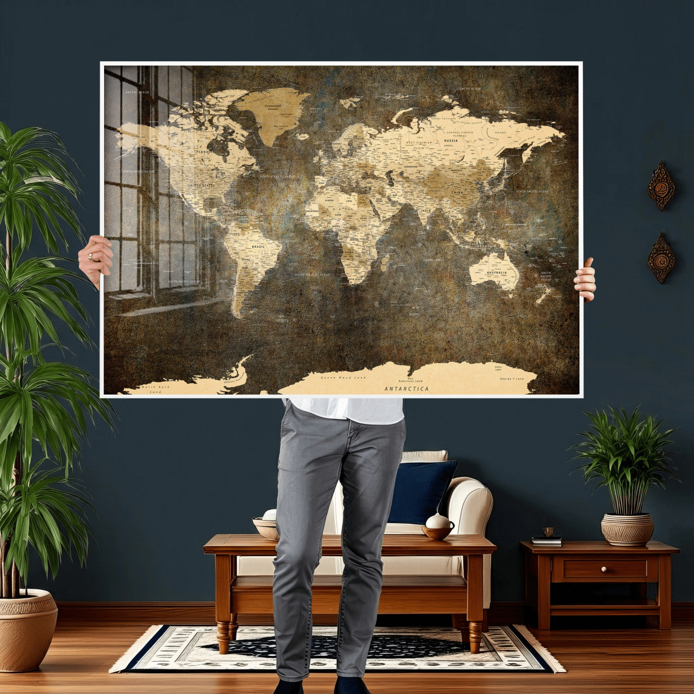 89742472-MGV-CV-36X24 - World Map Wall Art Canvas Print, Modern Decorative Framed Map Artwork Prints for Living Room, Office, Bedroom Wall Decor
