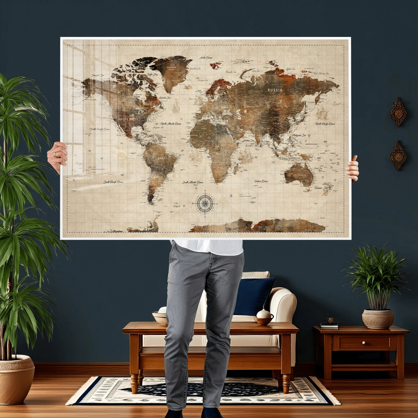 23610090-MGV-CV-36X24 - World Map Wall Art Canvas Print, Modern Decorative Framed Map Artwork Prints for Living Room, Office, Bedroom Wall Decor