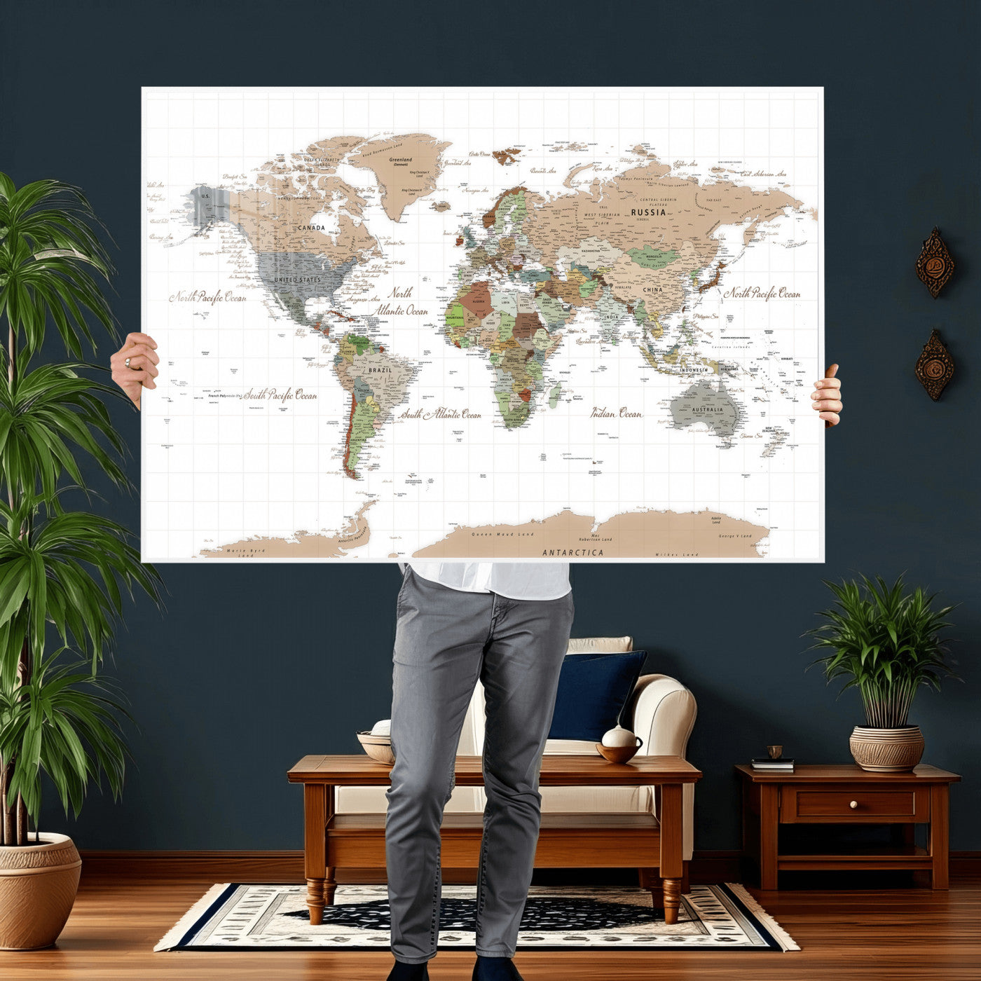 91286788-MGV-CV-36X24 - World Map Wall Art Canvas Print, Modern Decorative Framed Map Artwork Prints for Living Room, Office, Bedroom Wall Decor
