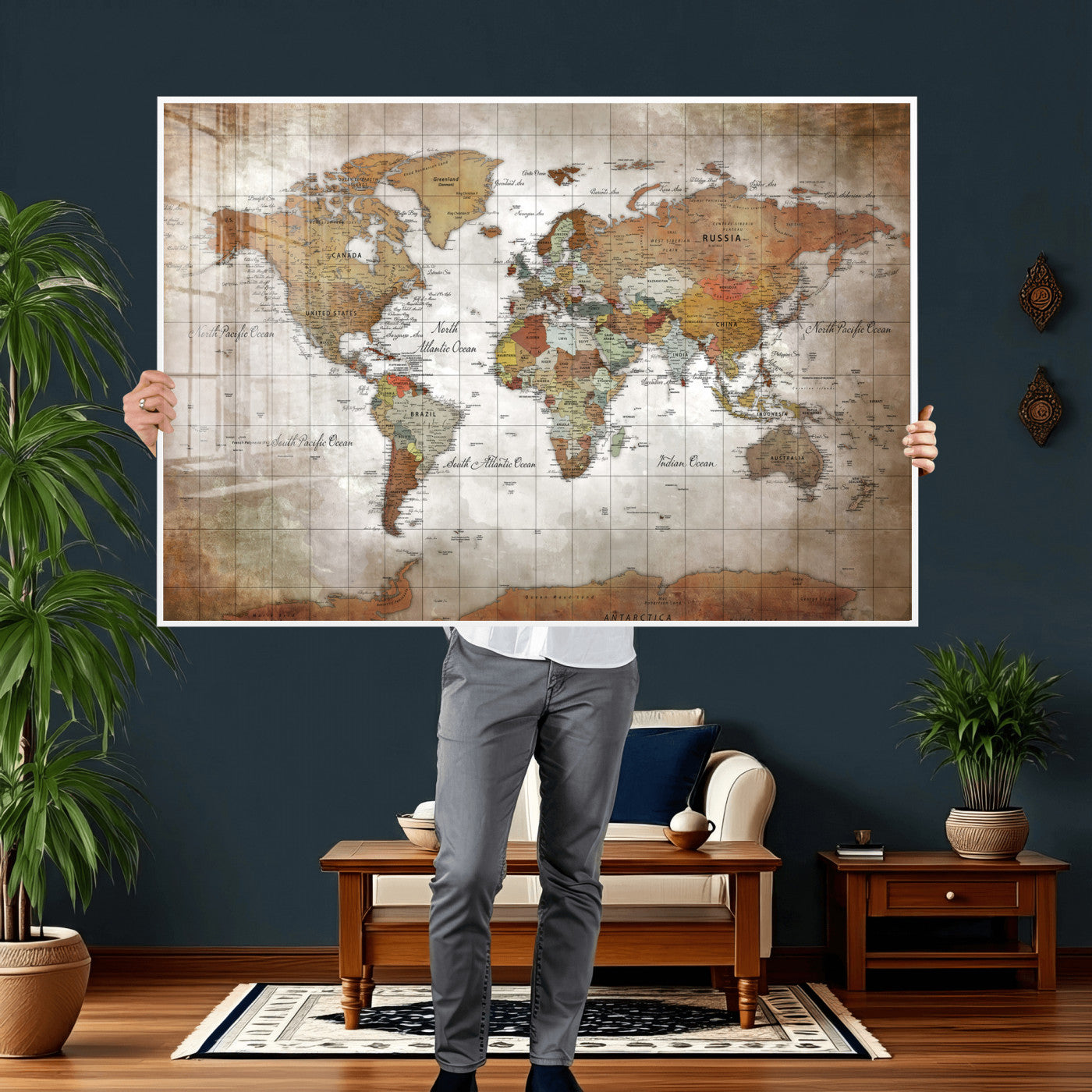 51643807-MGV-CV-36X24 - World Map Wall Art Canvas Print, Modern Decorative Framed Map Artwork Prints for Living Room, Office, Bedroom Wall Decor