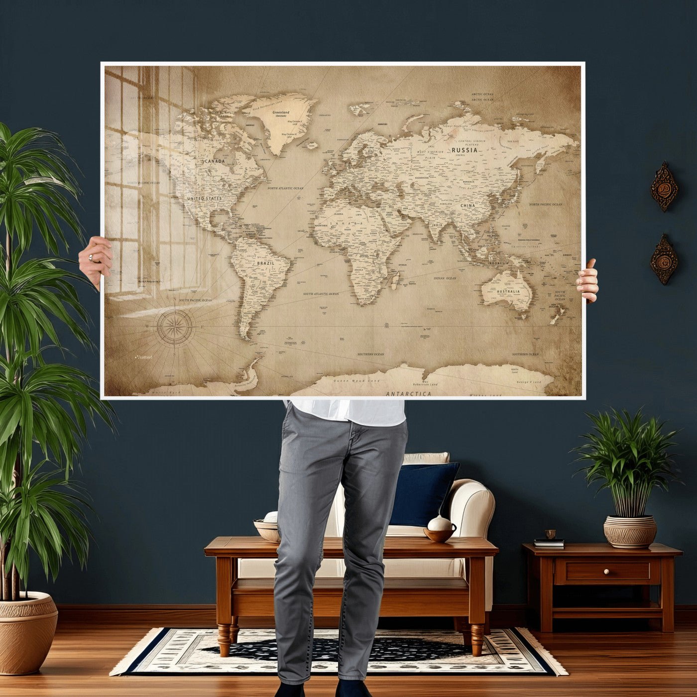 34795134-MGV-CV-36X24 - World Map Wall Art Canvas Print, Modern Decorative Framed Map Artwork Prints for Living Room, Office, Bedroom Wall Decor