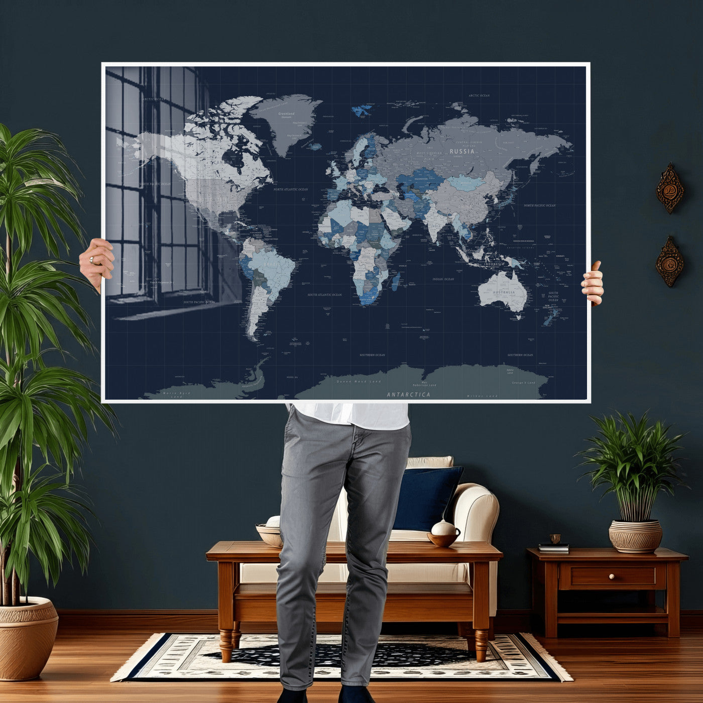 17712680-MGV-CV-36X24 - World Map Wall Art Canvas Print, Modern Decorative Framed Map Artwork Prints for Living Room, Office, Bedroom Wall Decor