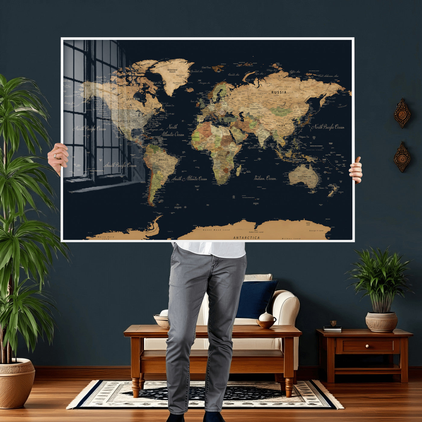 94449133-MGV-CV-36X24 - World Map Wall Art Canvas Print, Modern Decorative Framed Map Artwork Prints for Living Room, Office, Bedroom Wall Decor