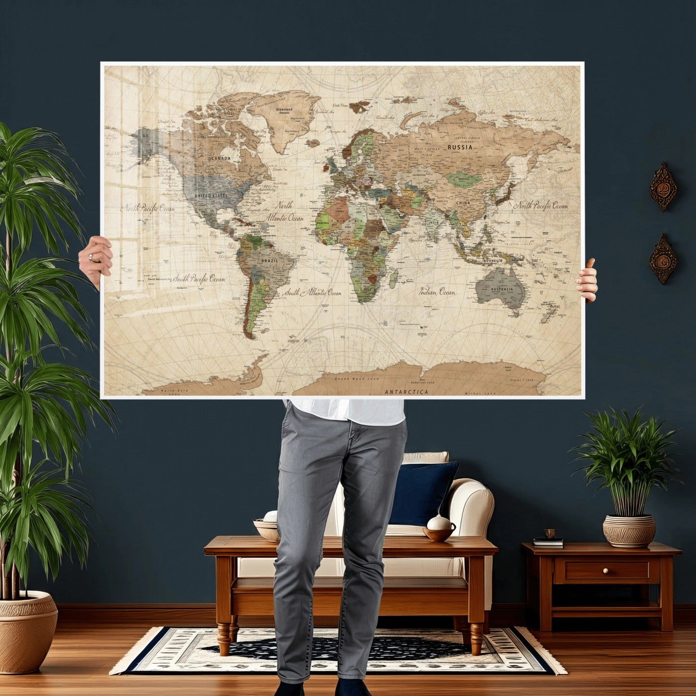 16856902-MGV-CV-36X24 - World Map Wall Art Canvas Print, Modern Decorative Framed Map Artwork Prints for Living Room, Office, Bedroom Wall Decor
