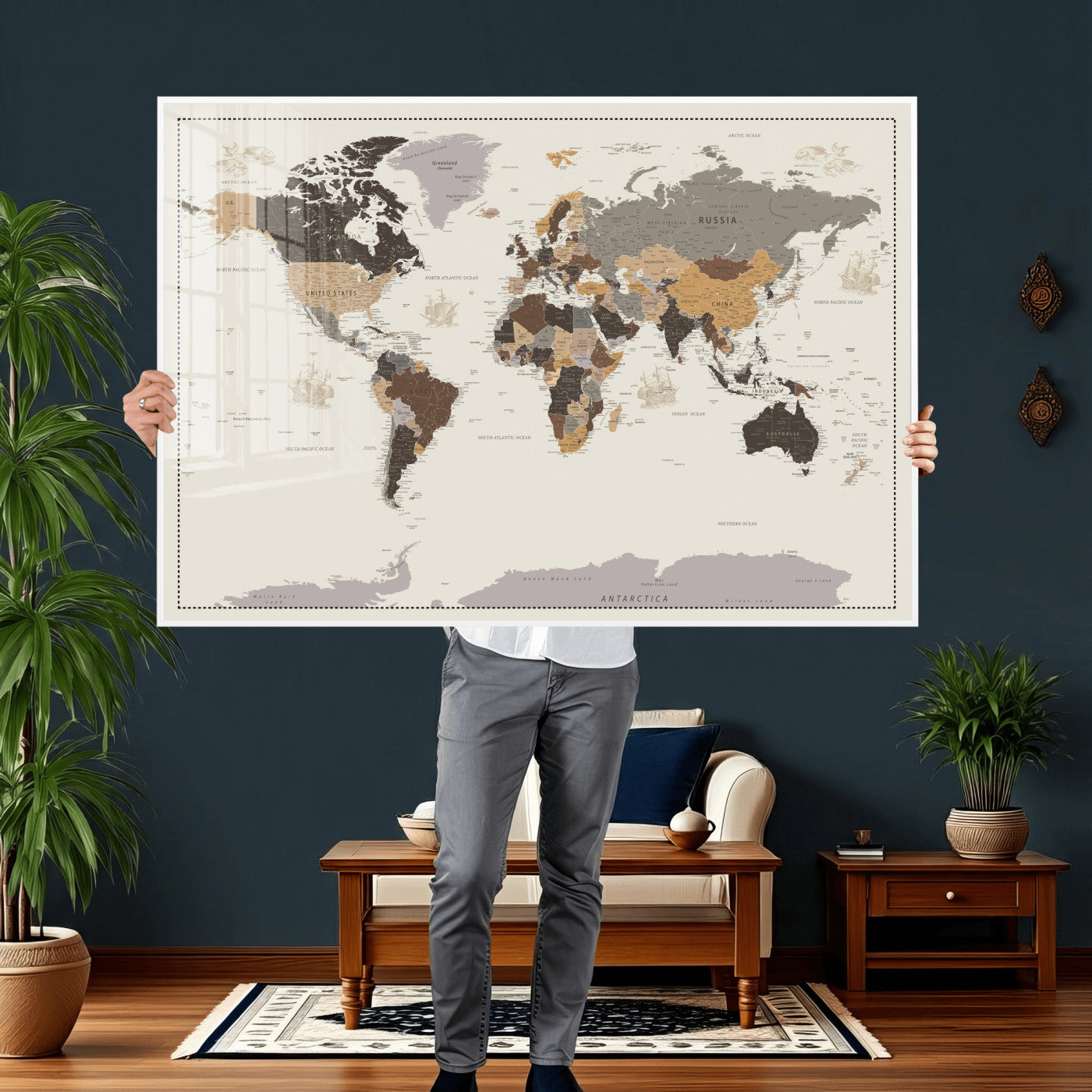 58777746-MGV-CV-36X24 - World Map Wall Art Canvas Print, Modern Decorative Framed Map Artwork Prints for Living Room, Office, Bedroom Wall Decor