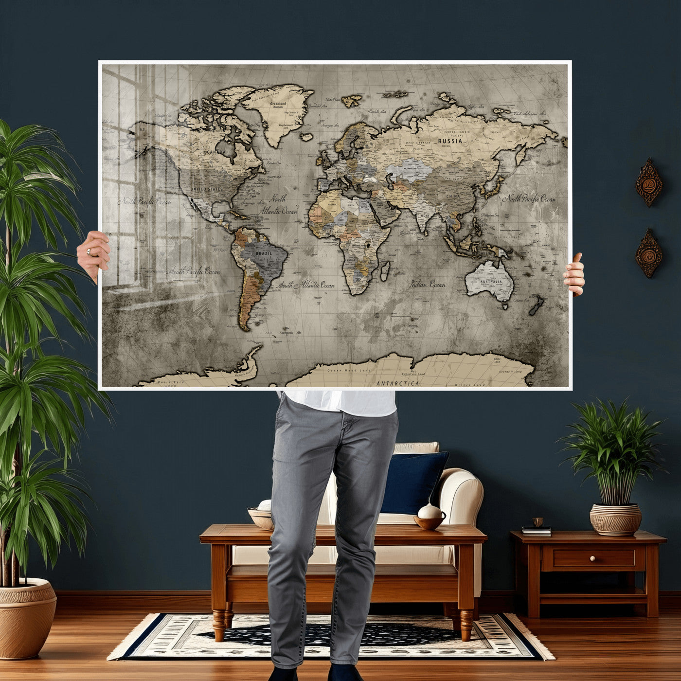 85218700-MGV-CV-36X24 - World Map Wall Art Canvas Print, Modern Decorative Framed Map Artwork Prints for Living Room, Office, Bedroom Wall Decor