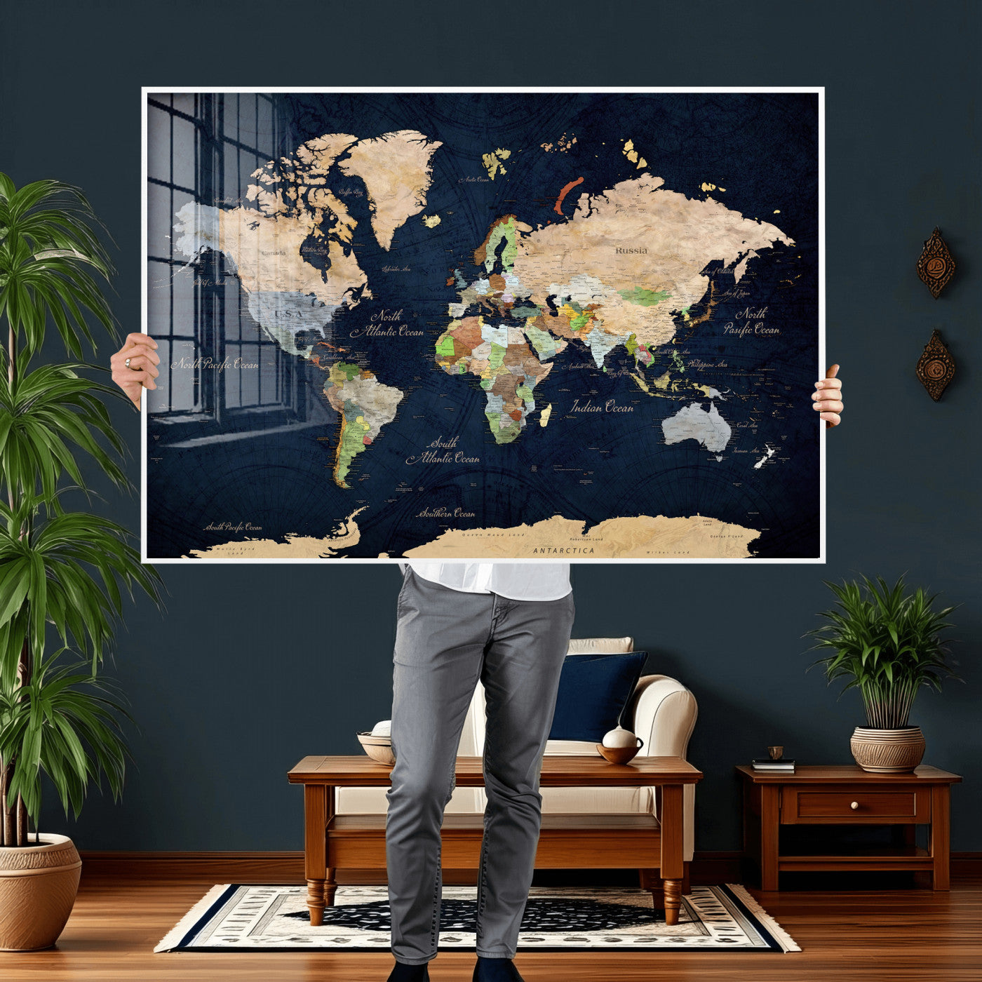 76603563-MGV-CV-36X24 - World Map Wall Art Canvas Print, Modern Decorative Framed Map Artwork Prints for Living Room, Office, Bedroom Wall Decor