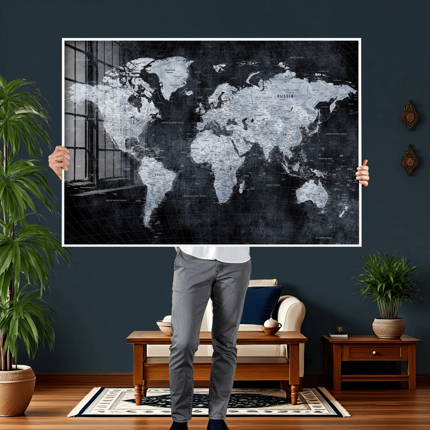 86893704-MGV-CV-36X24 - World Map Wall Art Canvas Print, Modern Decorative Framed Map Artwork Prints for Living Room, Office, Bedroom Wall Decor