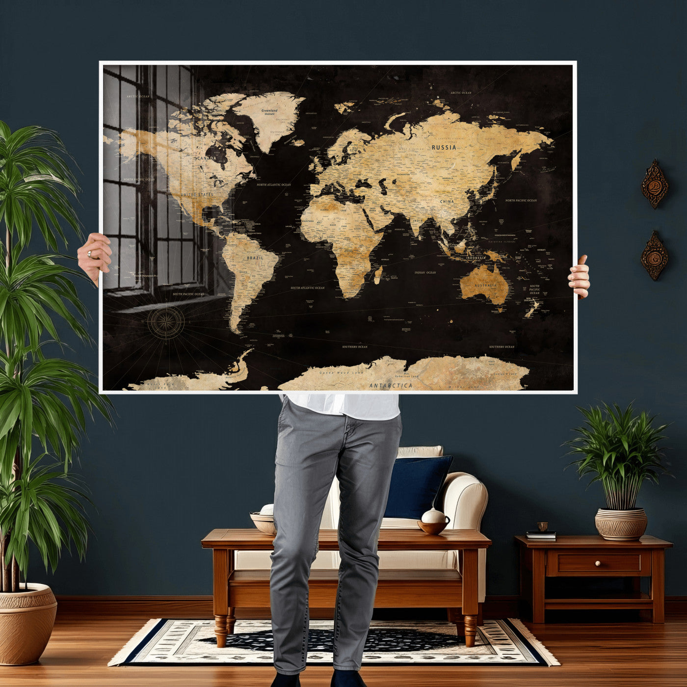 70468159-MGV-CV-36X24 - World Map Wall Art Canvas Print, Modern Decorative Framed Map Artwork Prints for Living Room, Office, Bedroom Wall Decor