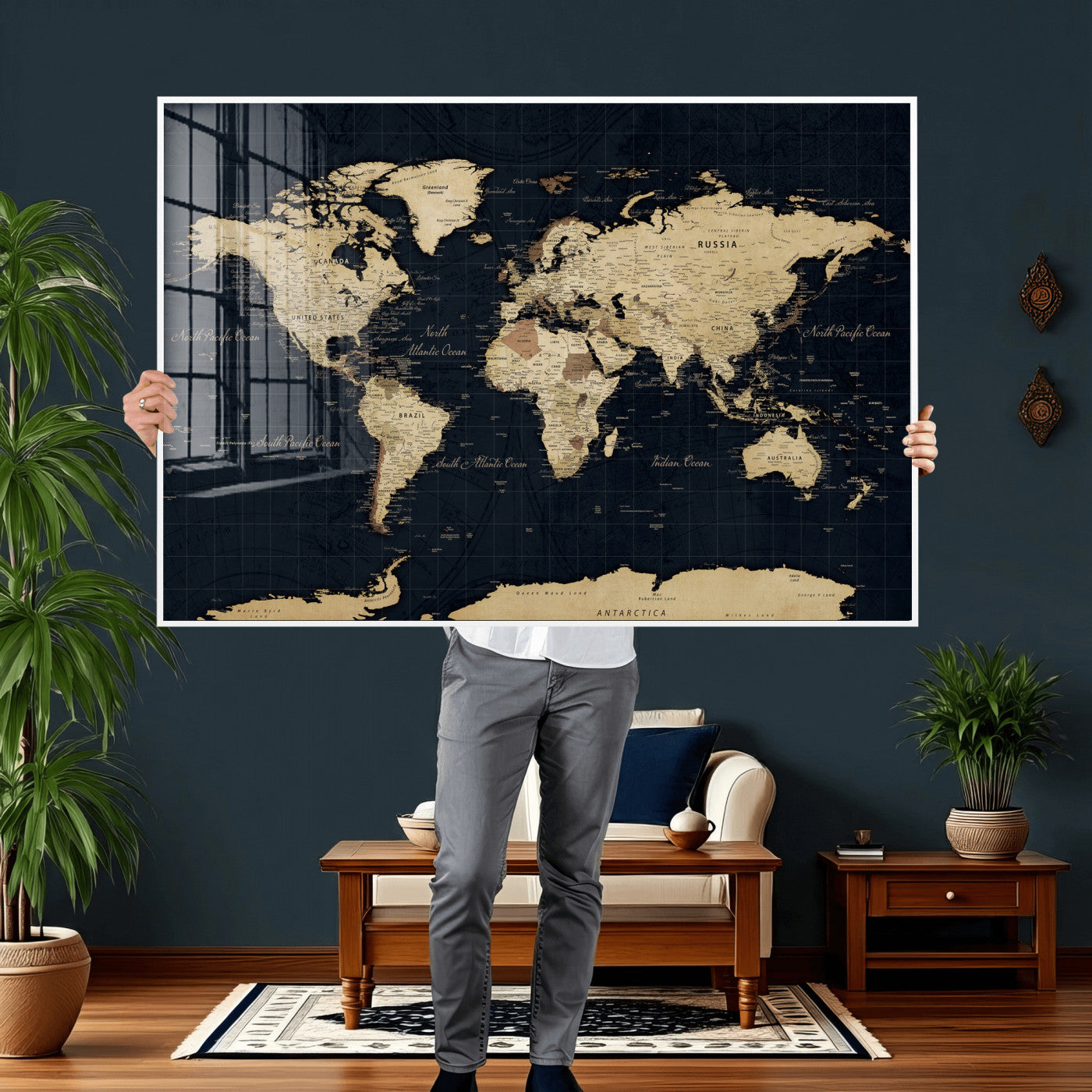 45063434-MGV-CV-36X24 - World Map Wall Art Canvas Print, Modern Decorative Framed Map Artwork Prints for Living Room, Office, Bedroom Wall Decor