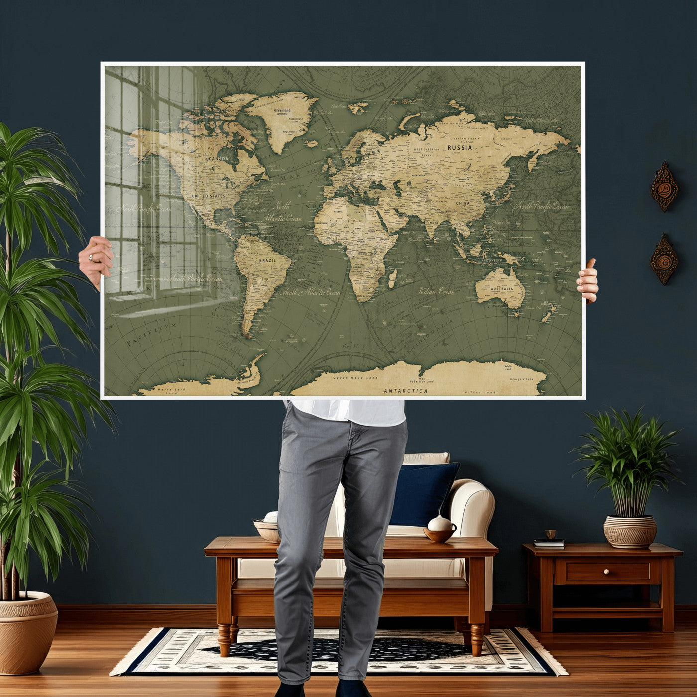 75846040-MGV-CV-36X24 - World Map Wall Art Canvas Print, Modern Decorative Framed Map Artwork Prints for Living Room, Office, Bedroom Wall Decor