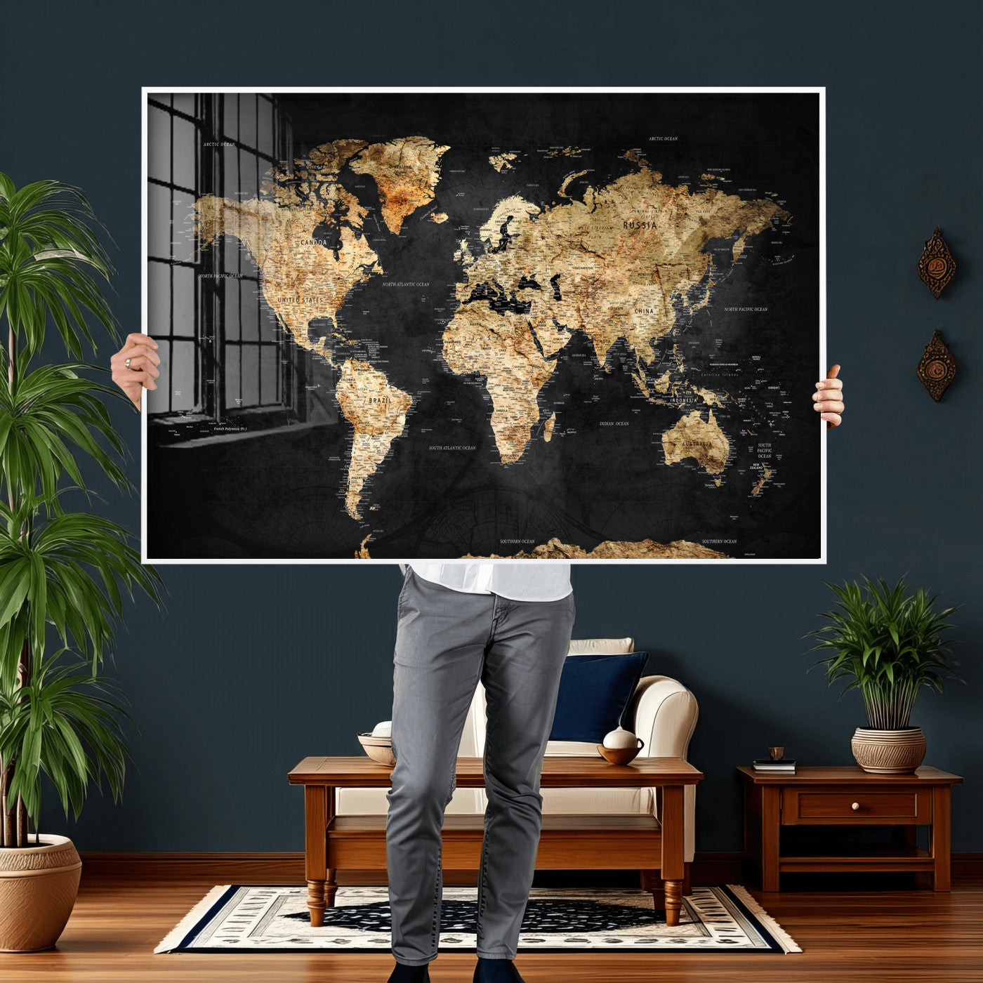23568589-MGV-CV-36X24 - World Map Wall Art Canvas Print, Modern Decorative Framed Map Artwork Prints for Living Room, Office, Bedroom Wall Decor
