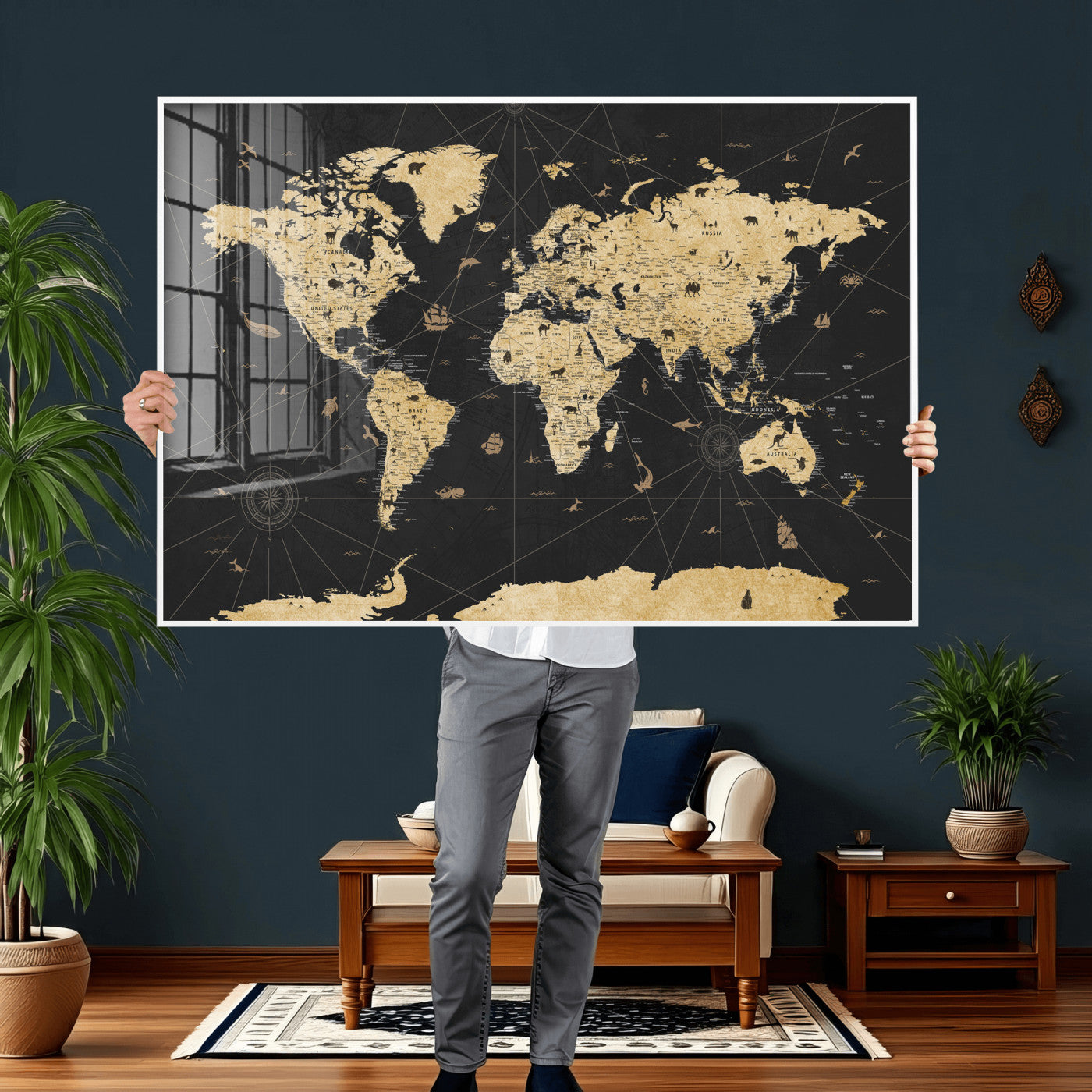 80270976-MGV-CV-36X24 - World Map Wall Art Canvas Print, Modern Decorative Framed Map Artwork Prints for Living Room, Office, Bedroom Wall Decor