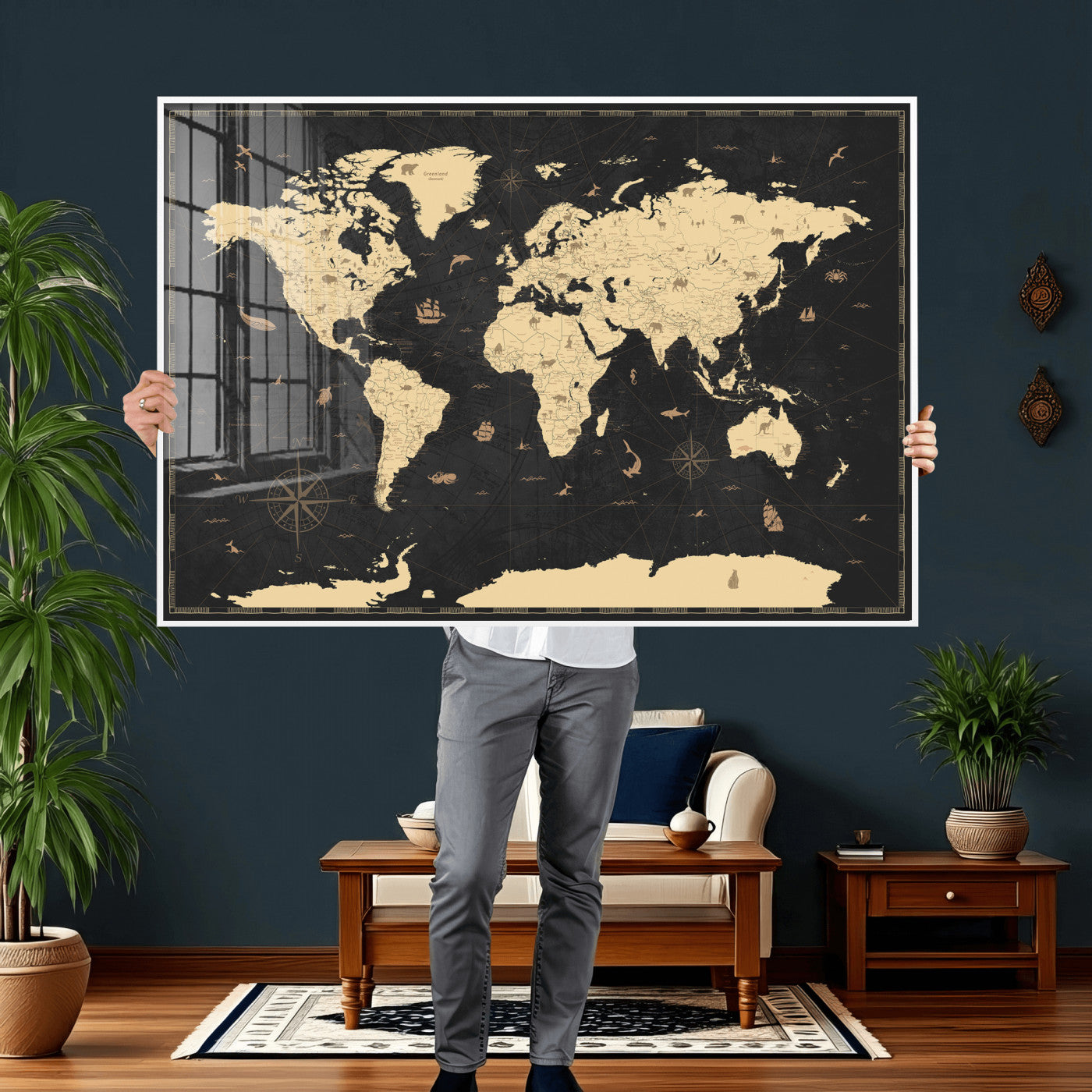 75220264-MGV-CV-36X24 - World Map Wall Art Canvas Print, Modern Decorative Framed Map Artwork Prints for Living Room, Office, Bedroom Wall Decor