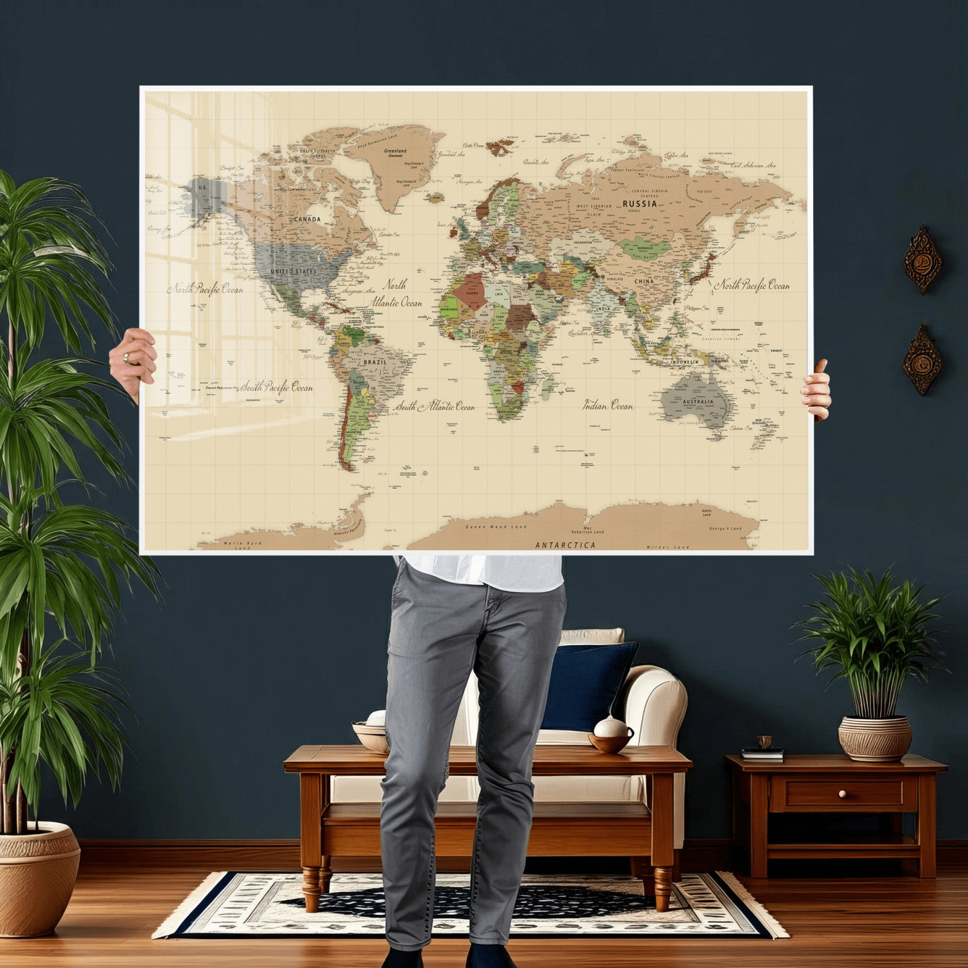 31407854-MGV-CV-36X24 - World Map Wall Art Canvas Print, Modern Decorative Framed Map Artwork Prints for Living Room, Office, Bedroom Wall Decor