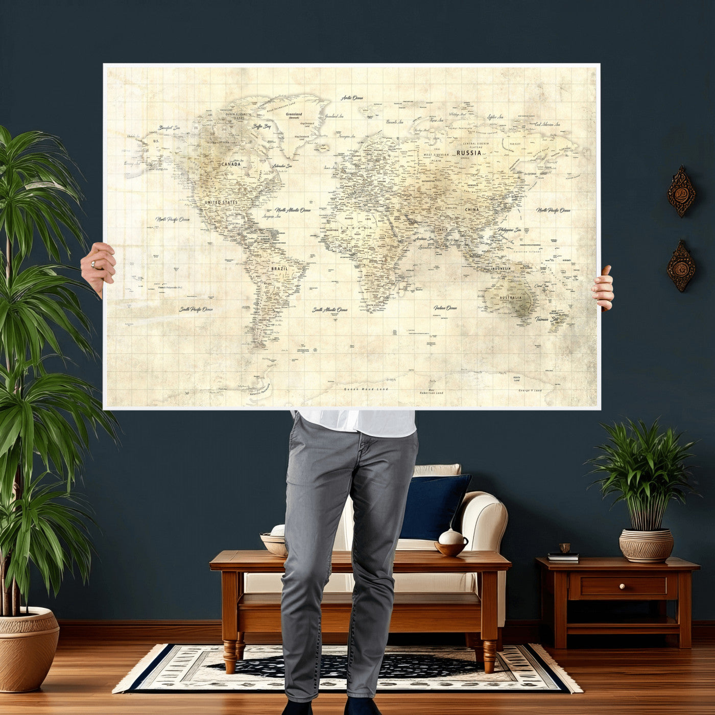 17101439-MGV-CV-36X24 - World Map Wall Art Canvas Print, Modern Decorative Framed Map Artwork Prints for Living Room, Office, Bedroom Wall Decor
