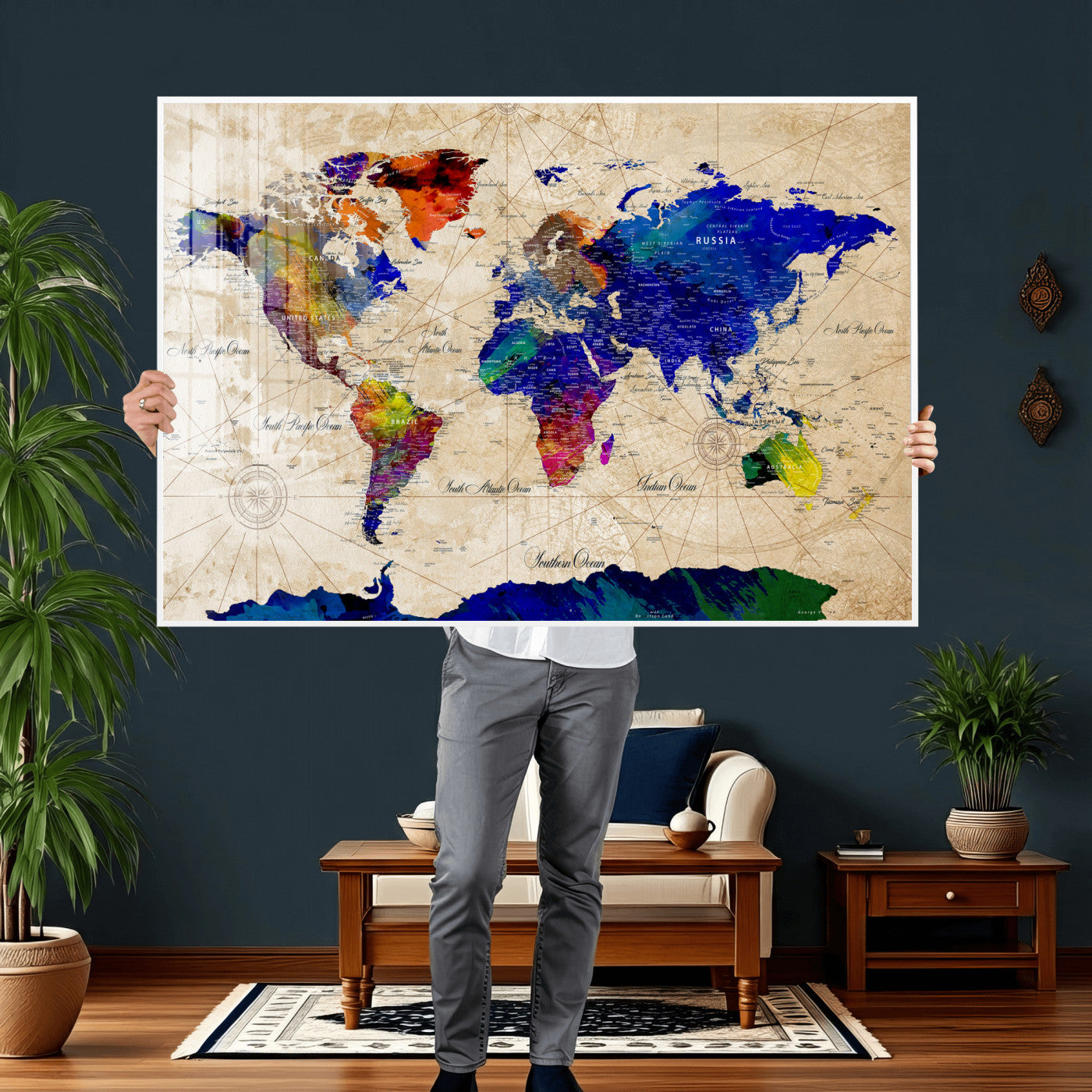 26284075-MGV-CV-36X24 - World Map Wall Art Canvas Print, Modern Decorative Framed Map Artwork Prints for Living Room, Office, Bedroom Wall Decor