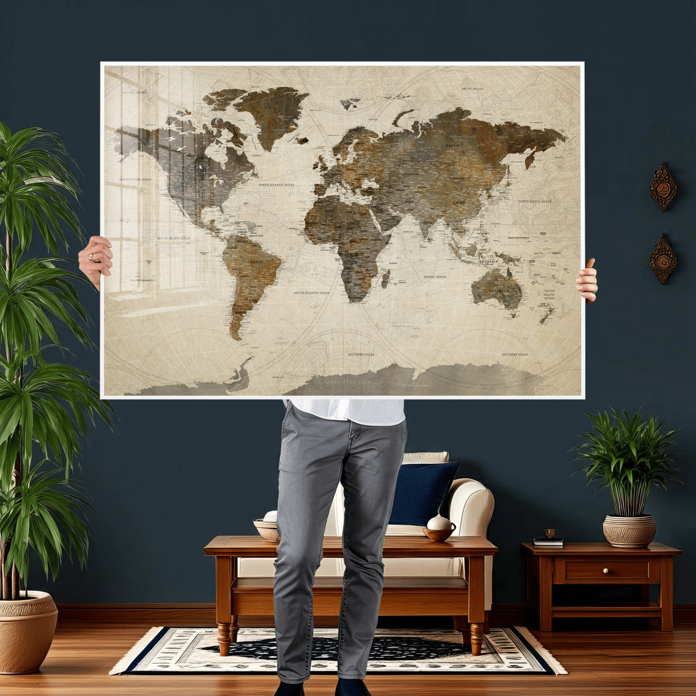 49623468-MGV-CV-36X24 - World Map Wall Art Canvas Print, Modern Decorative Framed Map Artwork Prints for Living Room, Office, Bedroom Wall Decor