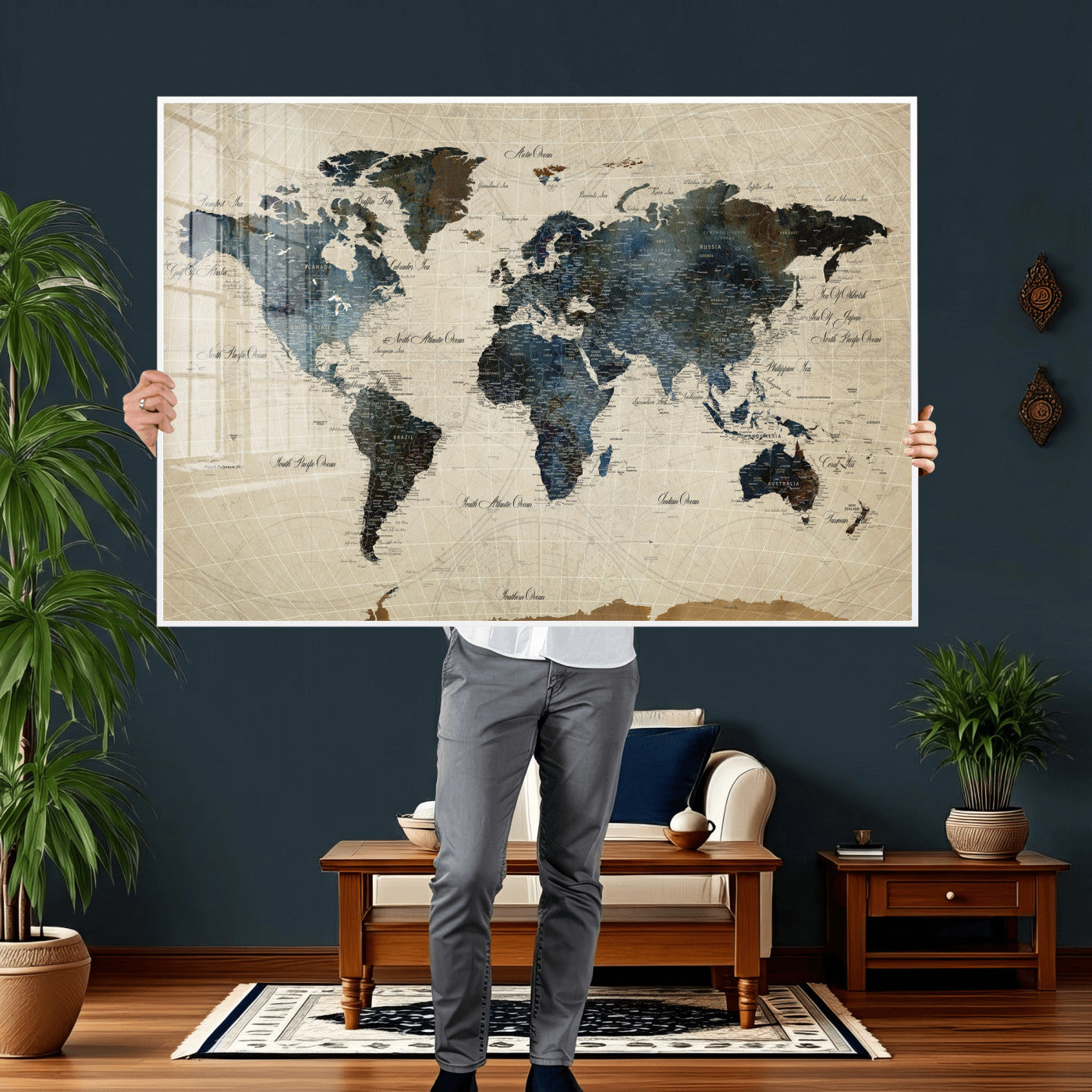72927803-MGV-CV-36X24 - World Map Wall Art Canvas Print, Modern Decorative Framed Map Artwork Prints for Living Room, Office, Bedroom Wall Decor