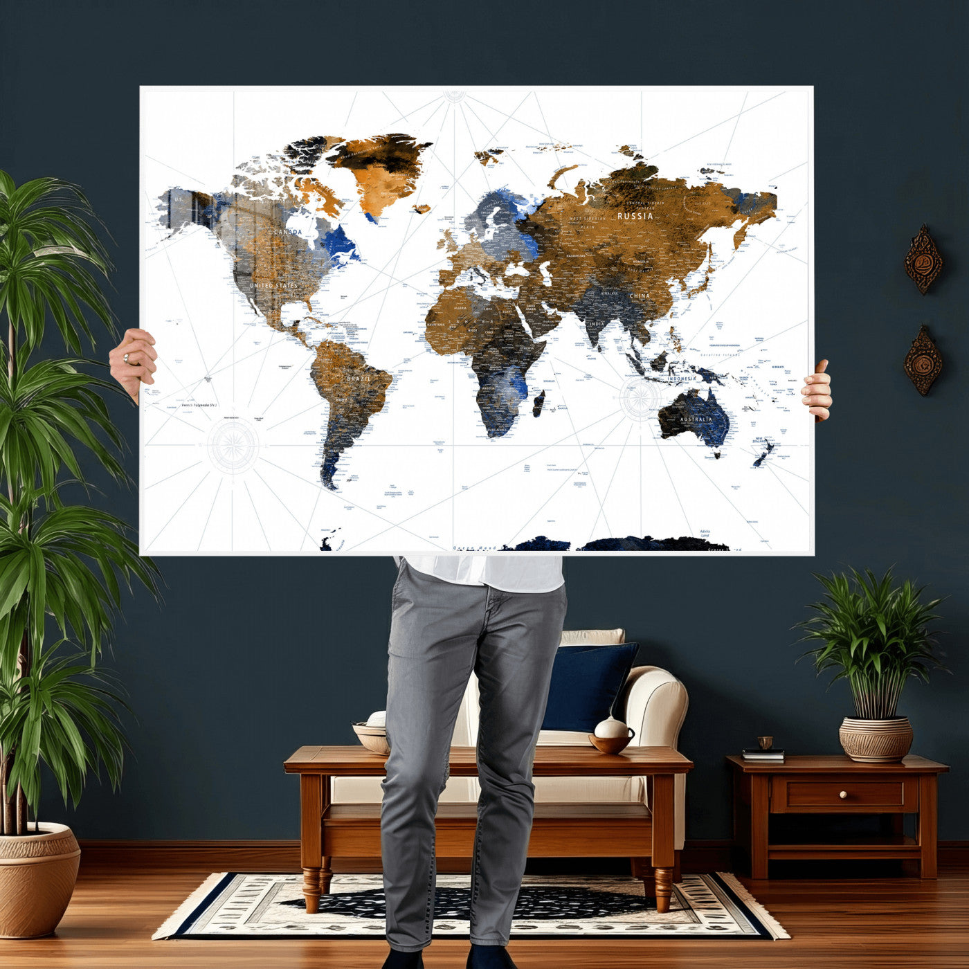 56364879-MGV-CV-36X24 - World Map Wall Art Canvas Print, Modern Decorative Framed Map Artwork Prints for Living Room, Office, Bedroom Wall Decor
