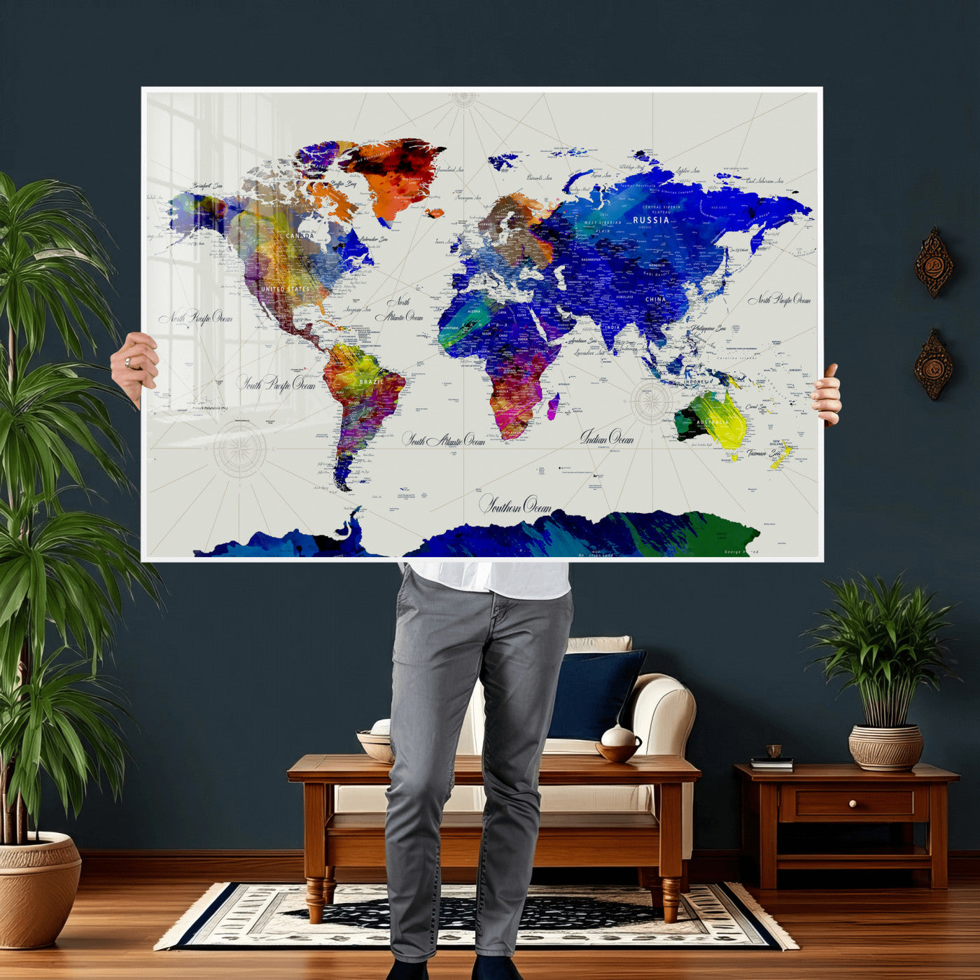 49670038-MGV-CV-36X24 - World Map Wall Art Canvas Print, Modern Decorative Framed Map Artwork Prints for Living Room, Office Decor