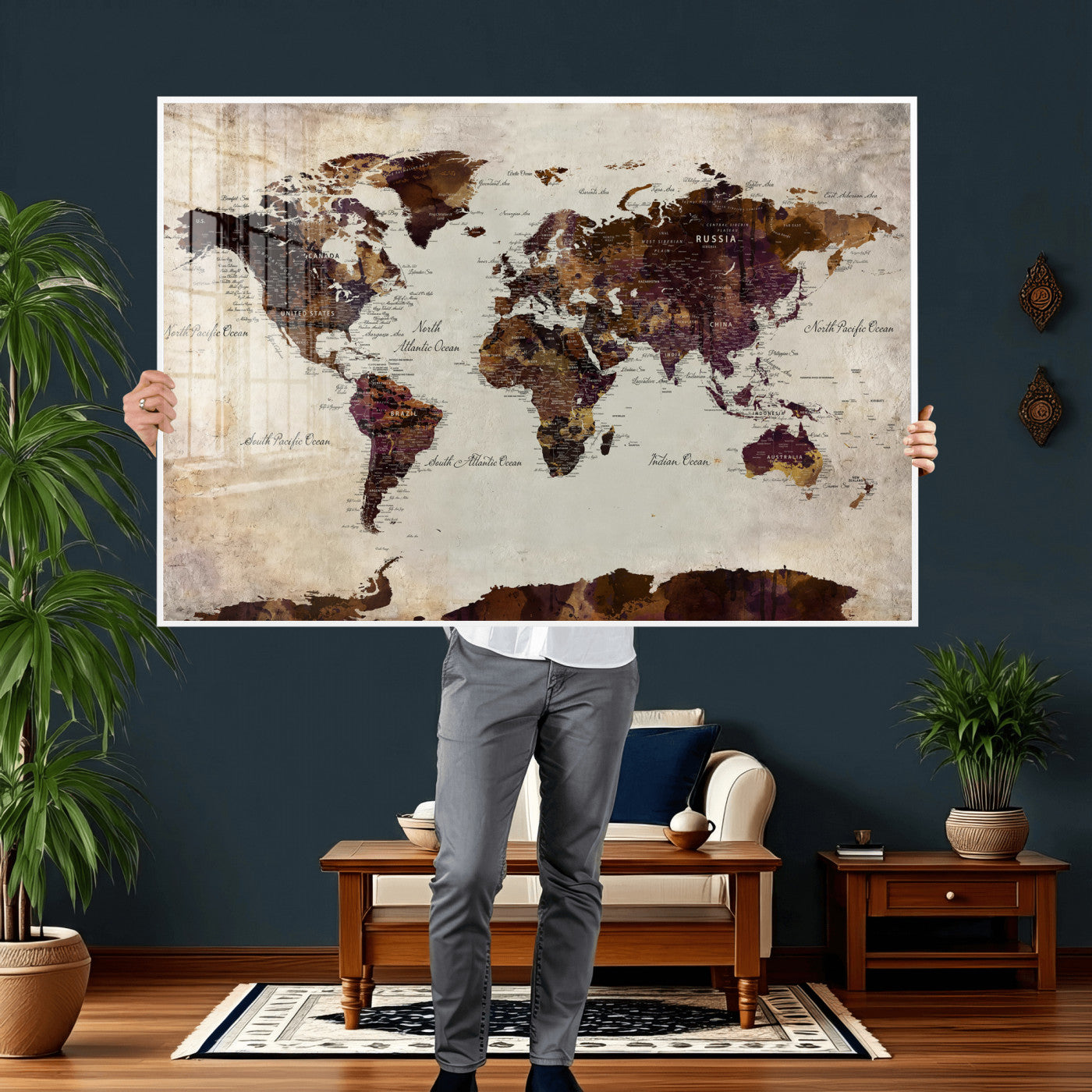 50611123-MGV-CV-36X24 - World Map Canvas Triptych – Colorful Global Wall Art for Living Rooms, Offices, and Study Spaces