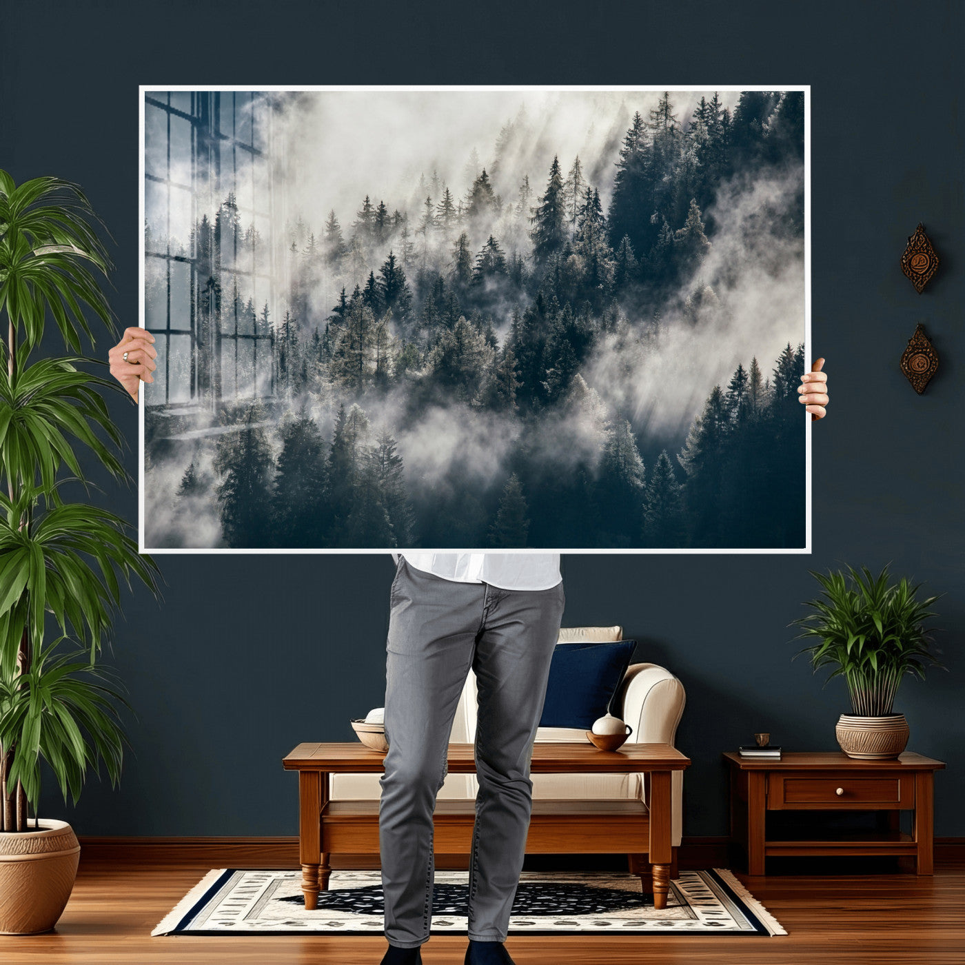 63405824-MGV-CV-36X24 - Foggy Mountain Forest Canvas Print, Misty Pine Trees Nature Wall Art, Framed Canvas Ready to Hang