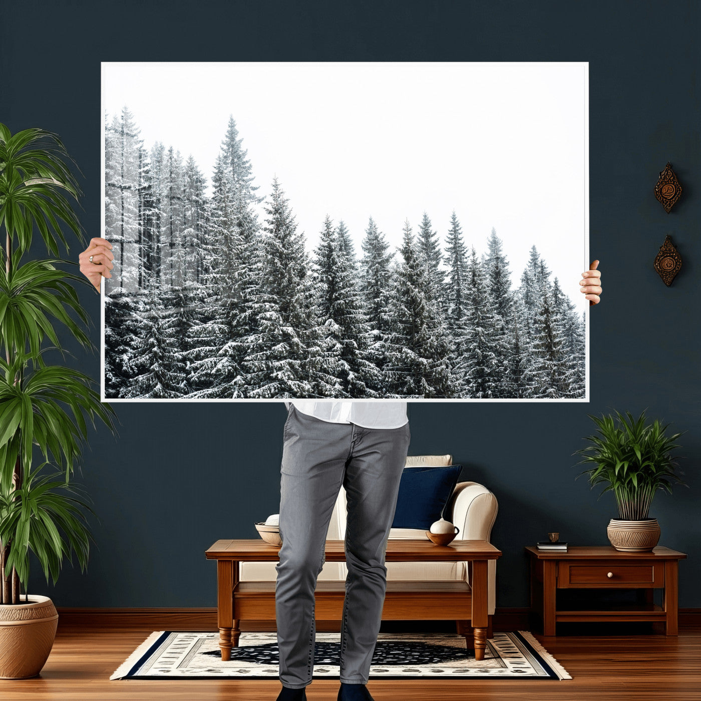 69566941-MGV-CV-36X24 - Misty Mountain Forest Canvas Print, Foggy Pine Trees Nature Wall Art, Framed Canvas Ready to Hang