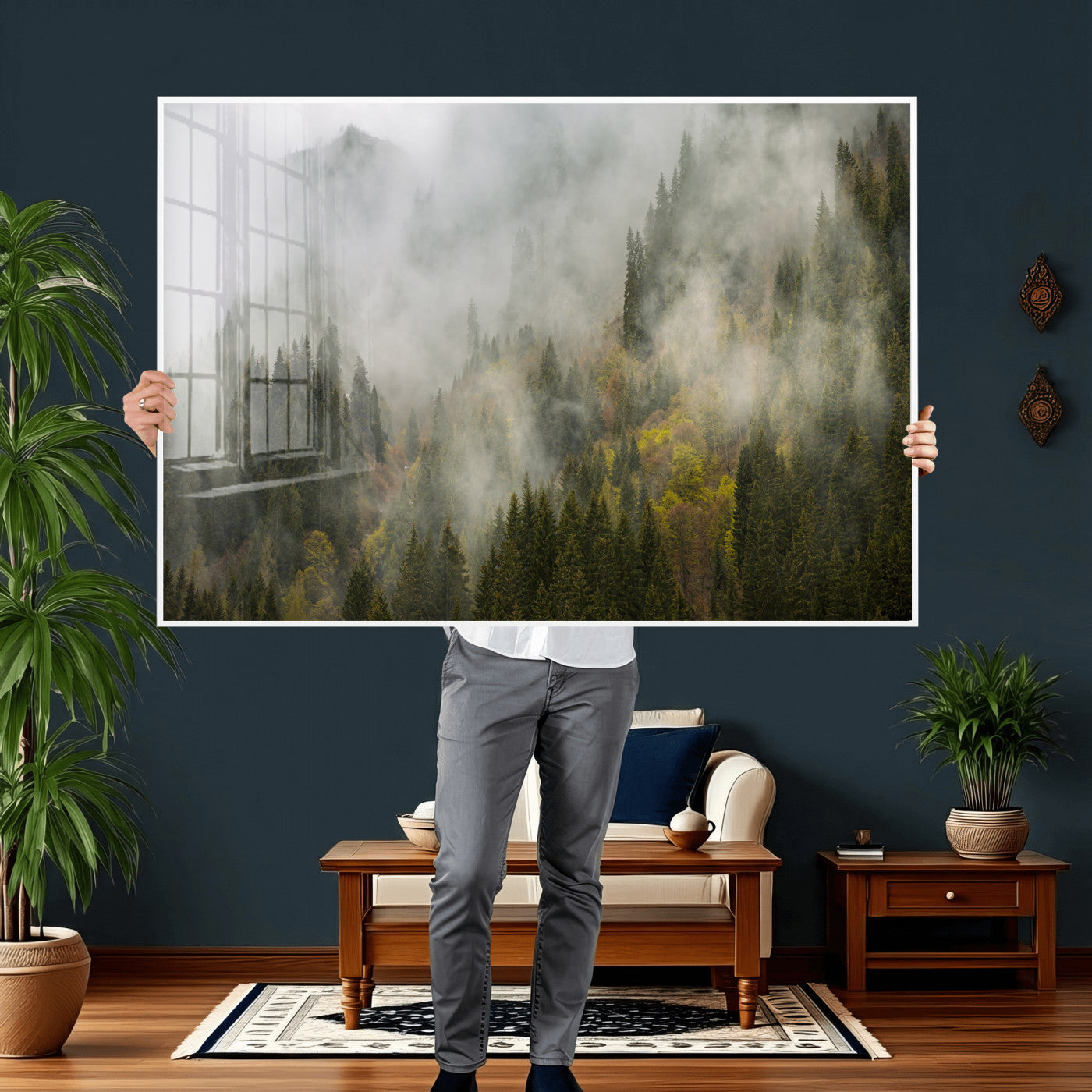 31152954-MGV-CV-36X24 - Misty Mountain Forest Canvas Print, Foggy Pine Trees Nature Wall Art, Framed Canvas Ready to Hang
