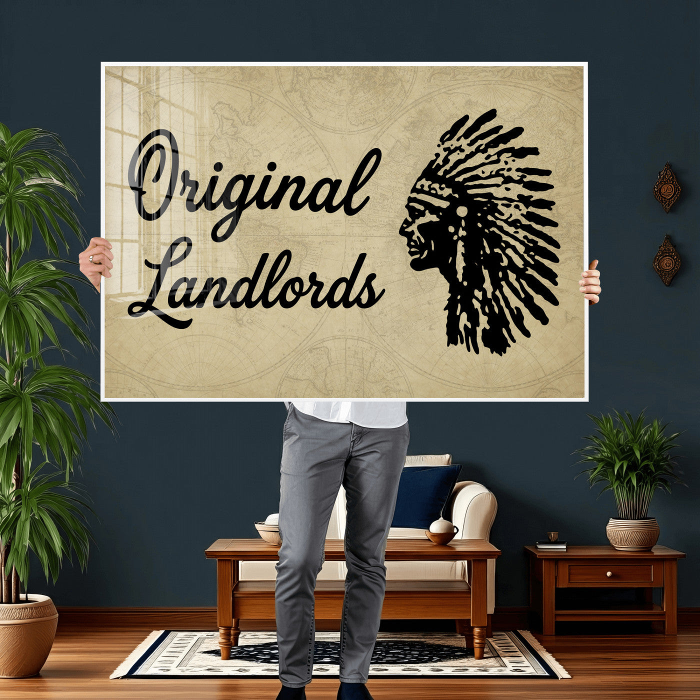 56844712-MGV-CV-36X24 - Original Landlords Wall Art Canvas Print, Native American Silhouette Artwork, Framed Wall Art Ready to Hang