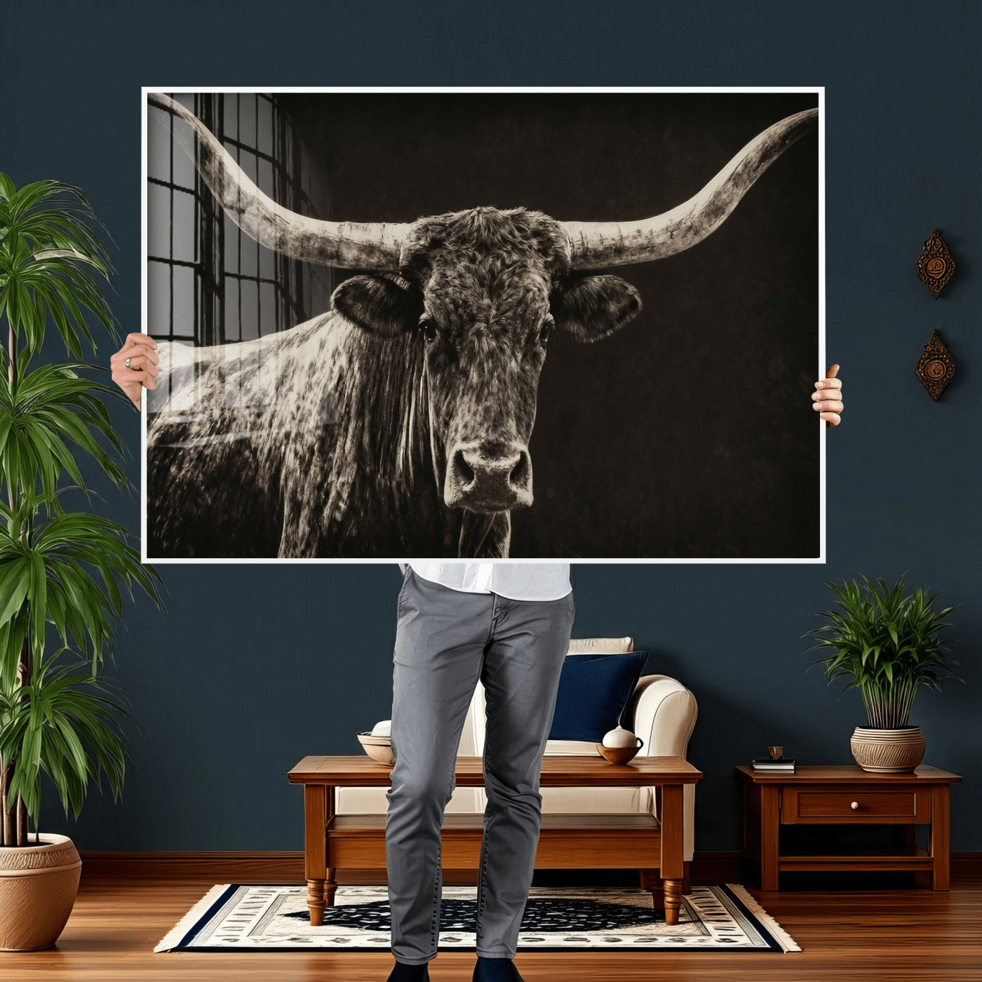 74513721-MGV-CV-36X24 - Vintage Texas Longhorn Bull Wall Art Canvas Print, Cow Portrait Photography Print, Framed Wall Art Ready to Hang