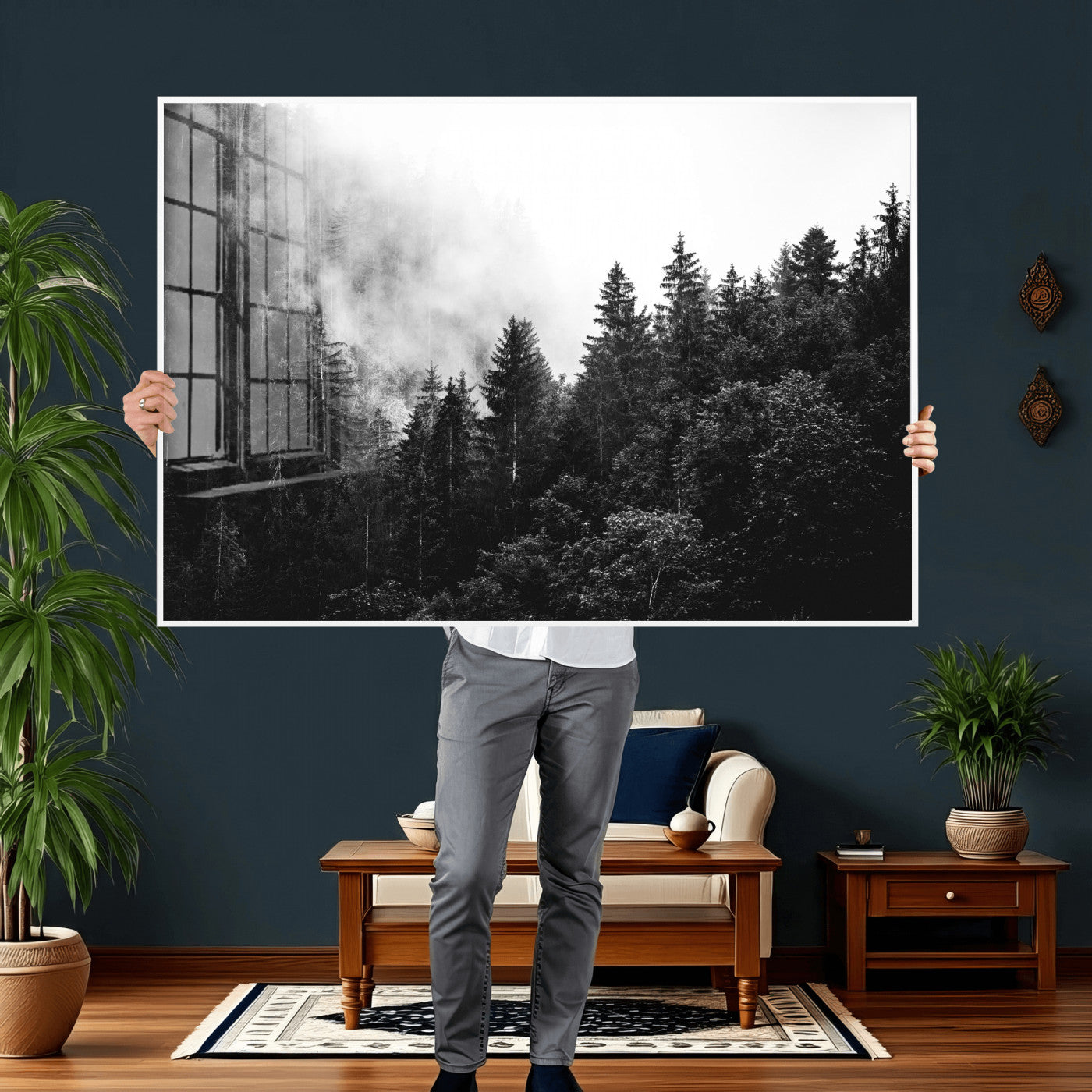 98764151-MGV-CV-36X24 - Black and White Forest Wall Art Canvas Print, Misty Pine Tree Landscape Photography, Framed Wall Art Ready to Hang