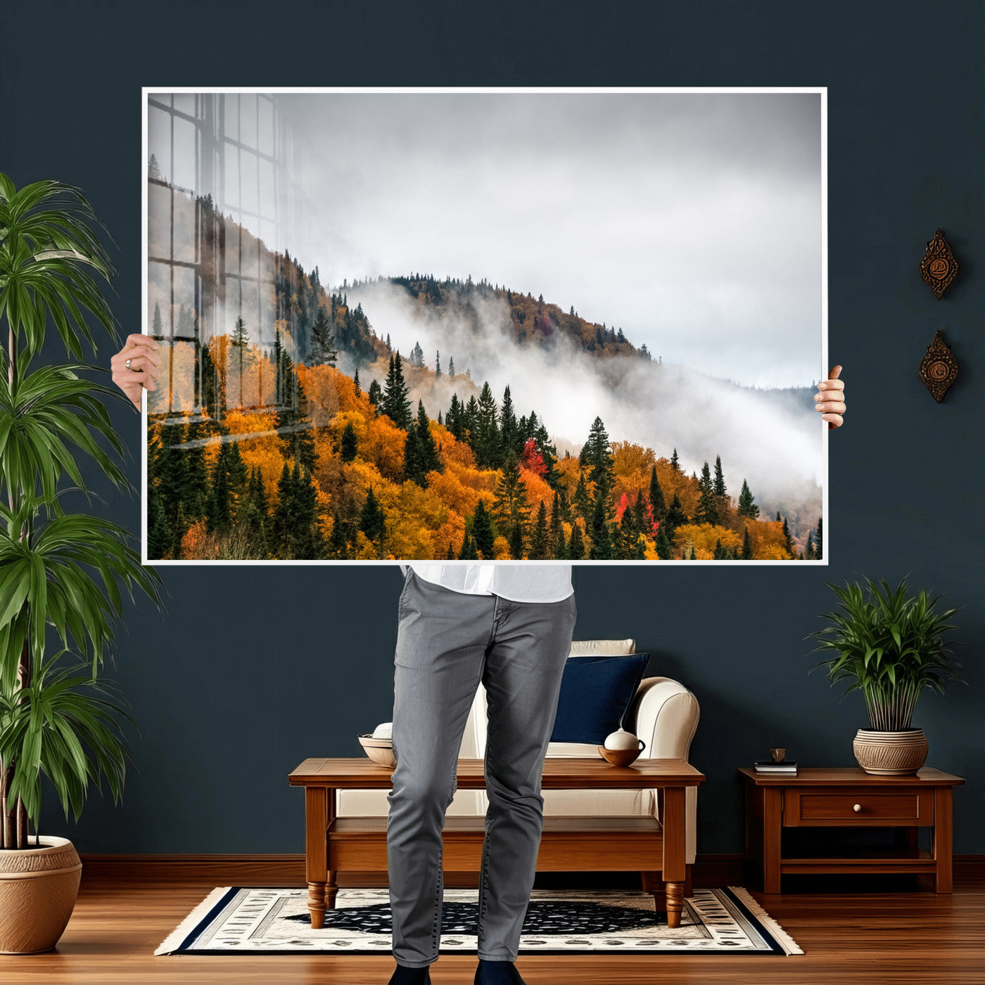 93581632-MGV-CV-36X24 - Autumn Forest Wall Art Canvas Print, Foggy Mountain Landscape Nature Photography, Framed Wall Art Ready to Hang