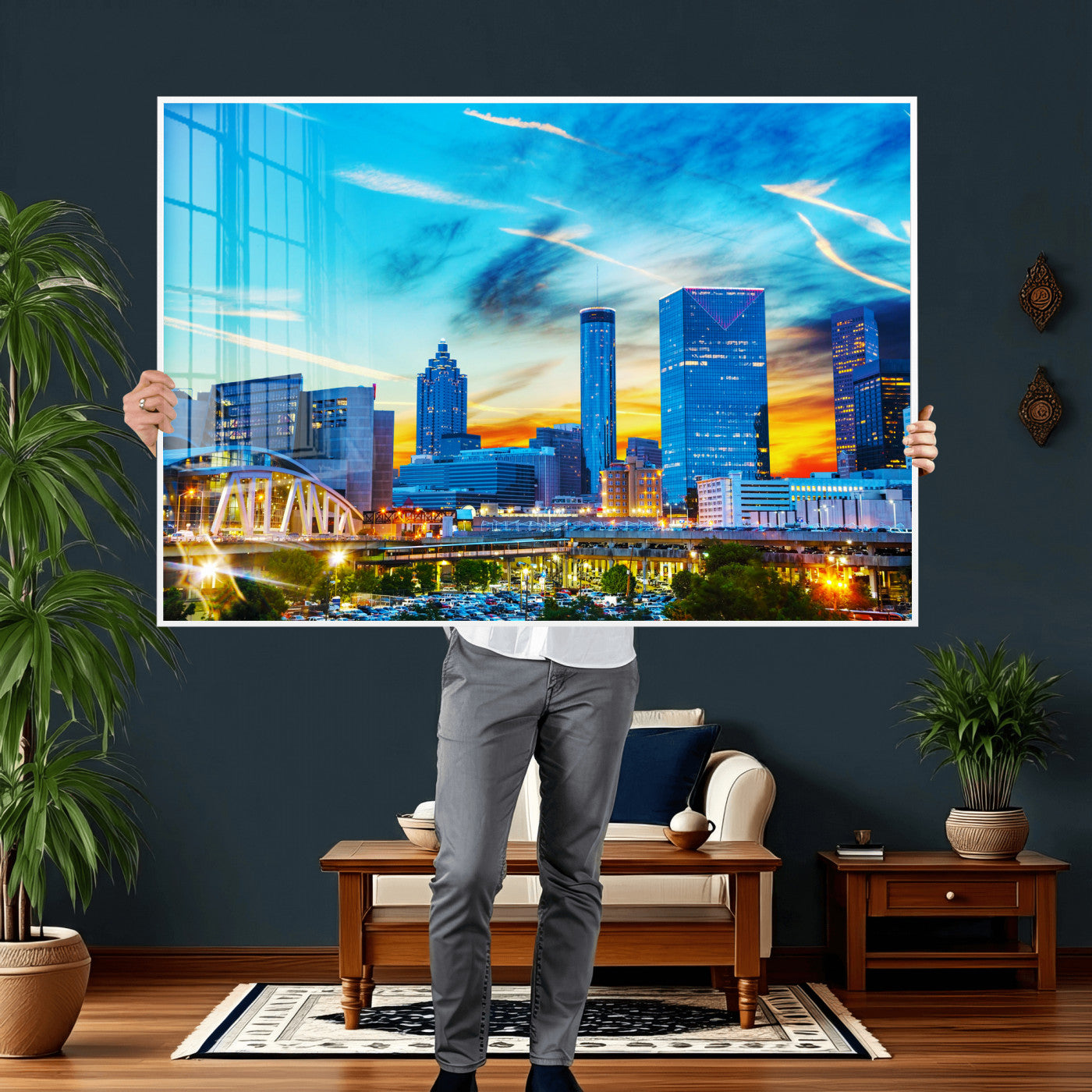 23097797-MGV-CV-36X24 - Atlanta Skyline Wall Art Canvas Print, Atlanta Downtown Night Cityscape Print for Modern Urban Wall Decor