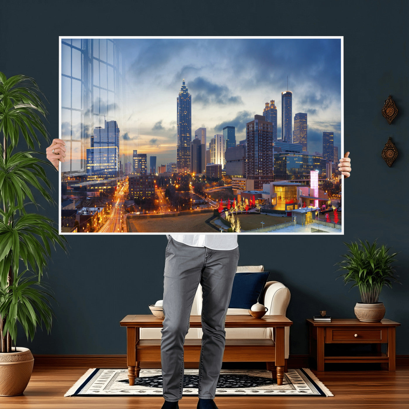 18461309-MGV-CV-36X24 - Atlanta Skyline Wall Art Canvas Print, Atlanta Downtown Night Cityscape Print for Modern Urban Wall Decor