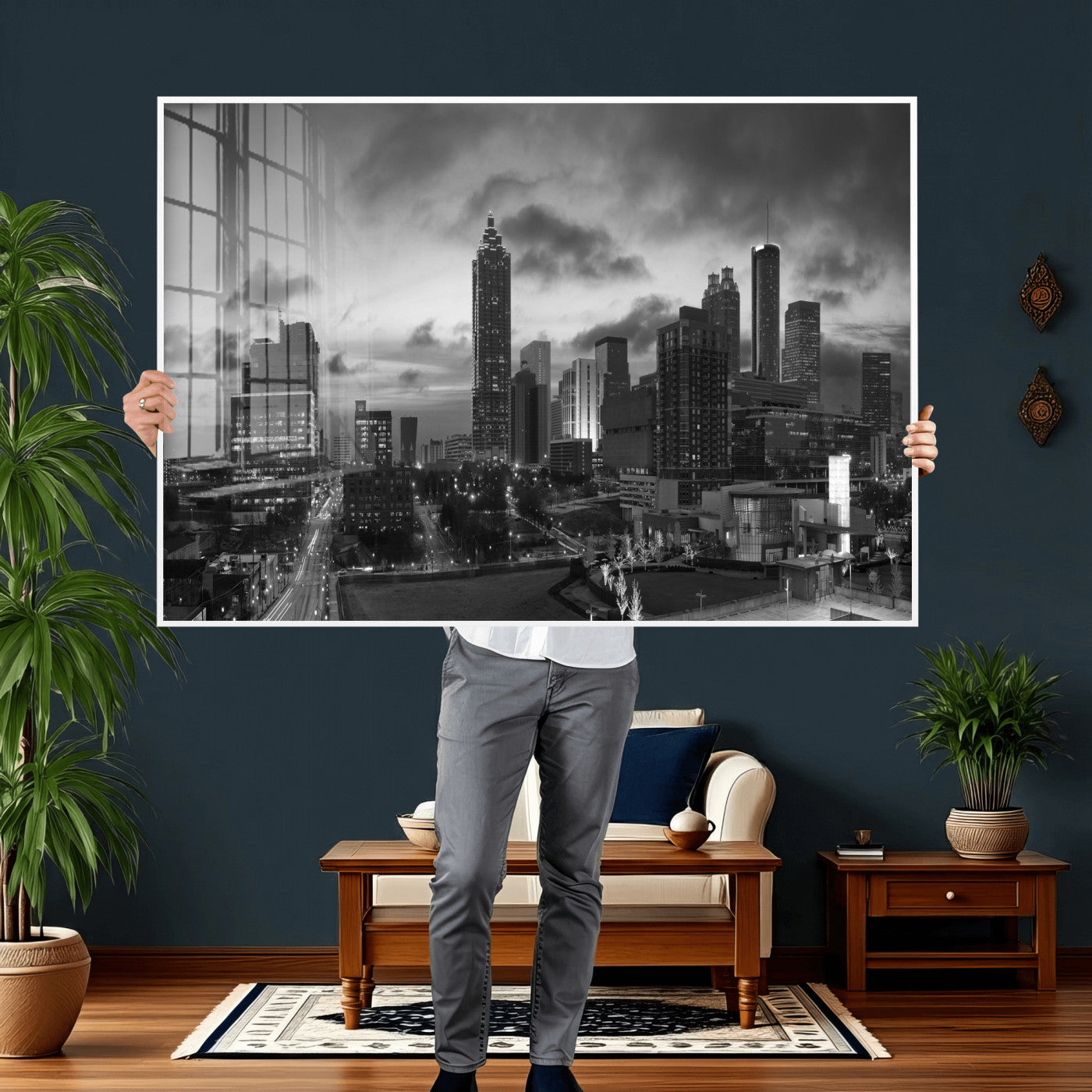 91959506-MGV-CV-36X24 - Atlanta Skyline Wall Art Canvas Print, Atlanta Downtown Night Cityscape Print for Modern Urban Wall Decor