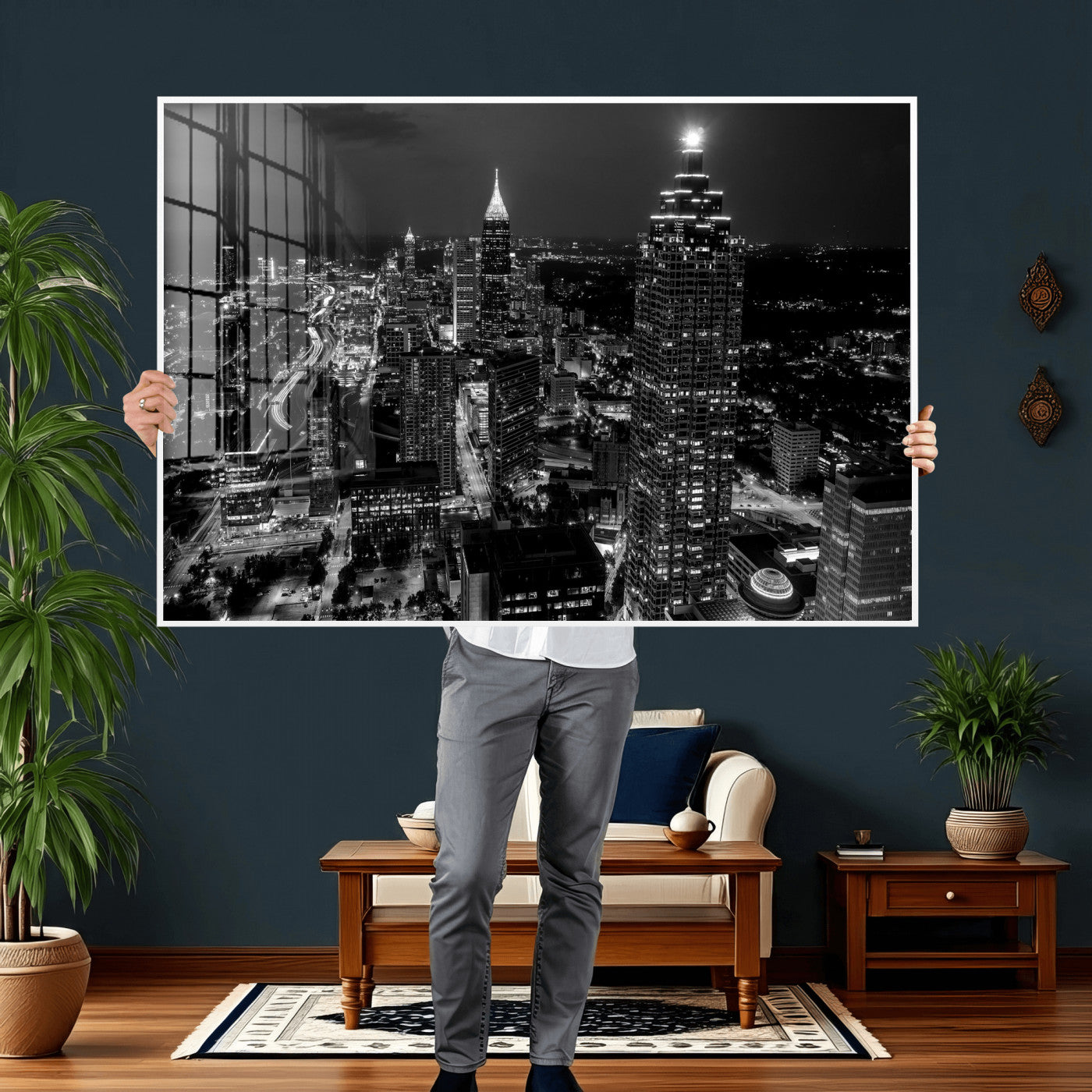 56773510-MGV-CV-36X24 - Atlanta Skyline Wall Art Canvas Print, Atlanta Downtown Night Cityscape Print for Modern Urban Wall Decor