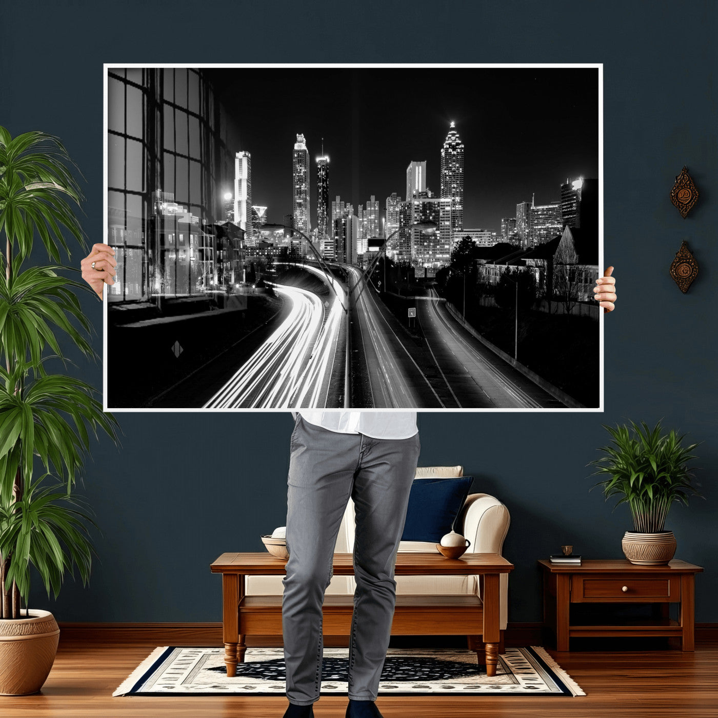 80330064-MGV-CV-36X24 - Atlanta Skyline Wall Art Canvas Print, Atlanta Downtown Night Cityscape Print for Modern Urban Wall Decor