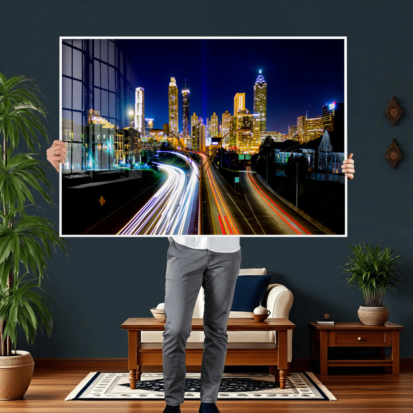 12967464-MGV-CV-36X24 - Atlanta Skyline Wall Art Canvas Print, Atlanta Downtown Night Cityscape Print for Modern Urban Wall Decor