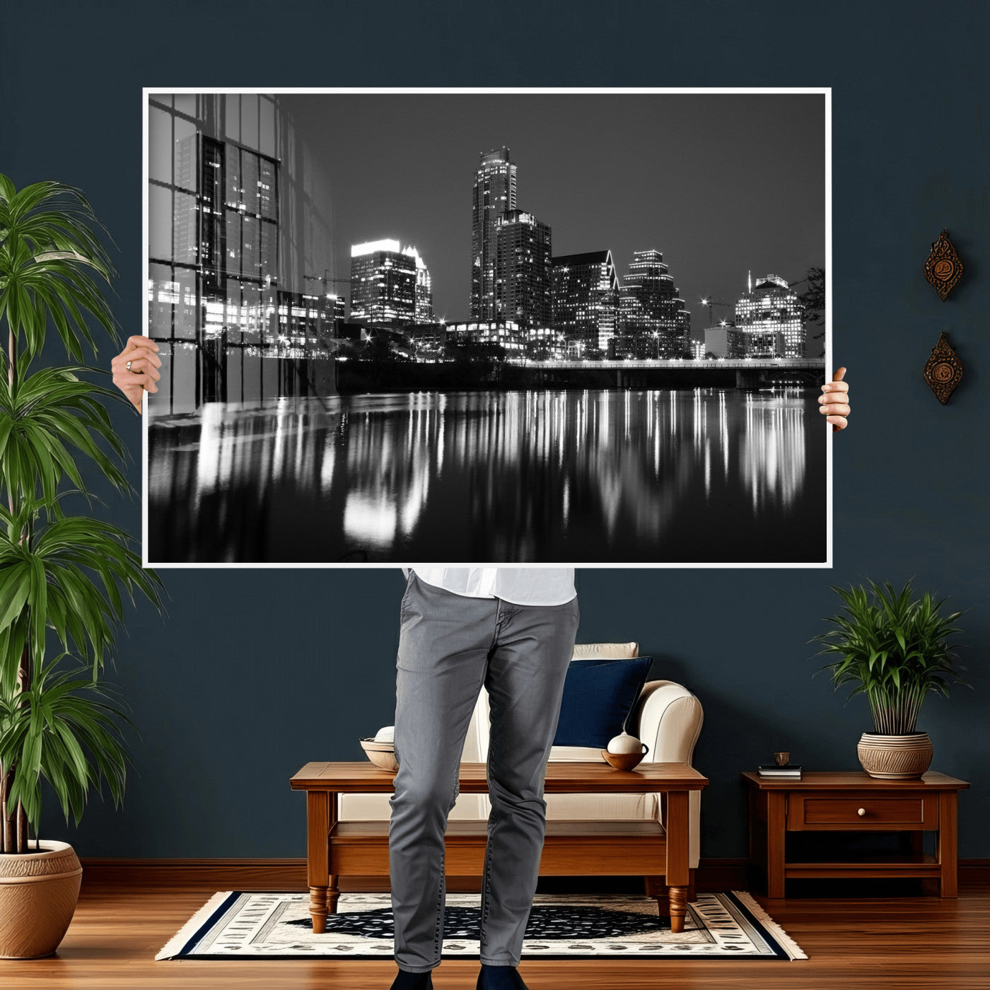 38129554-MGV-CV-36X24 - Austin Skyline Wall Art Canvas Print, Austin Downtown Night Cityscape Print for Modern Urban Wall Decor
