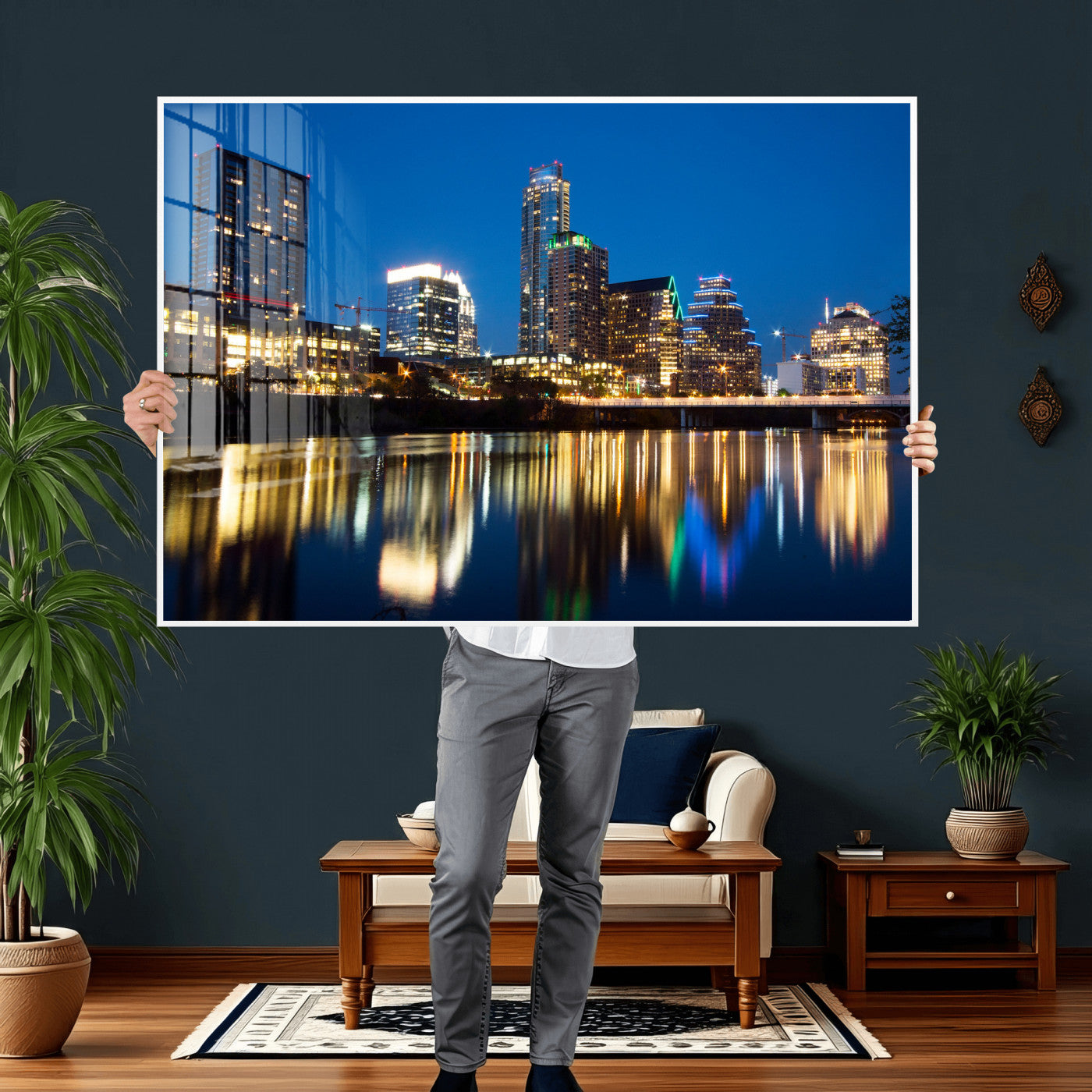 21916206-MGV-CV-36X24 - Austin Skyline Wall Art Canvas Print, Austin Downtown Night Cityscape Print for Modern Urban Wall Decor