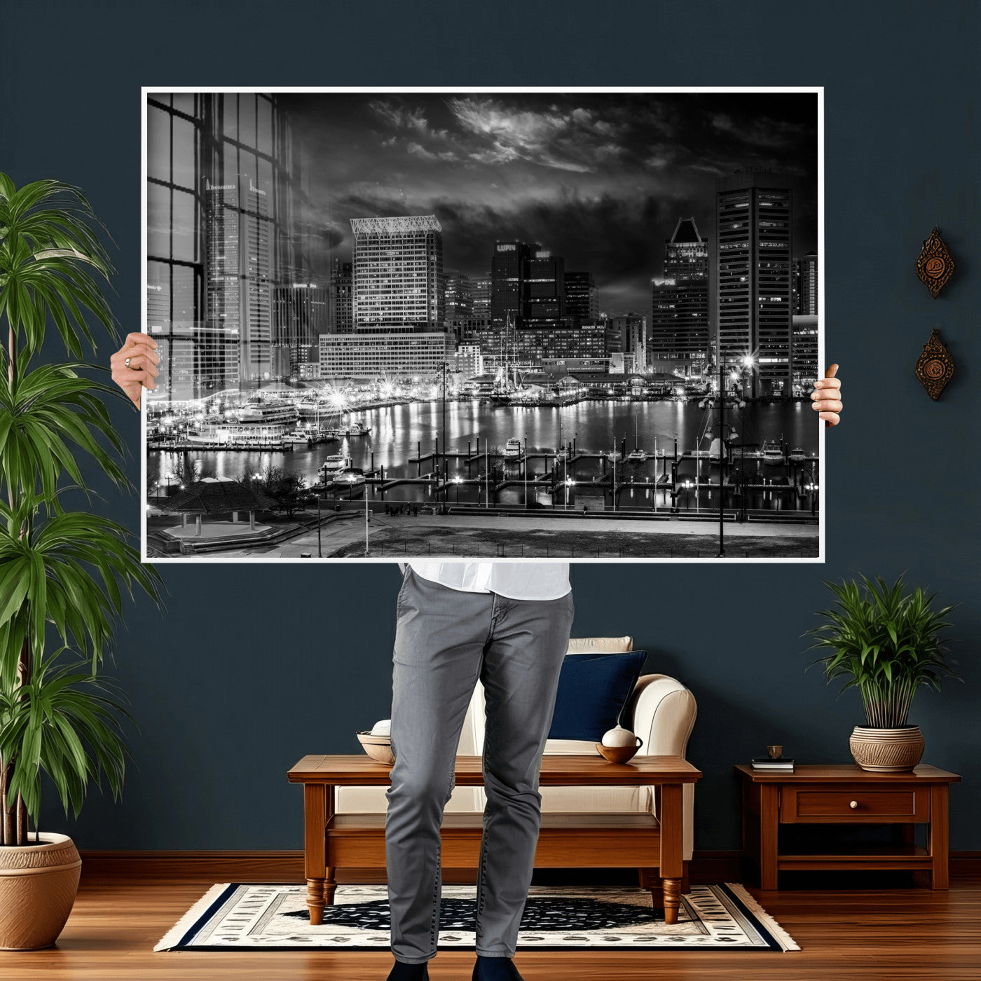 79755655-MGV-CV-36X24 - Baltimore Skyline Wall Art Canvas Print, Baltimore Downtown Night Cityscape Print for Modern Urban Wall Decor