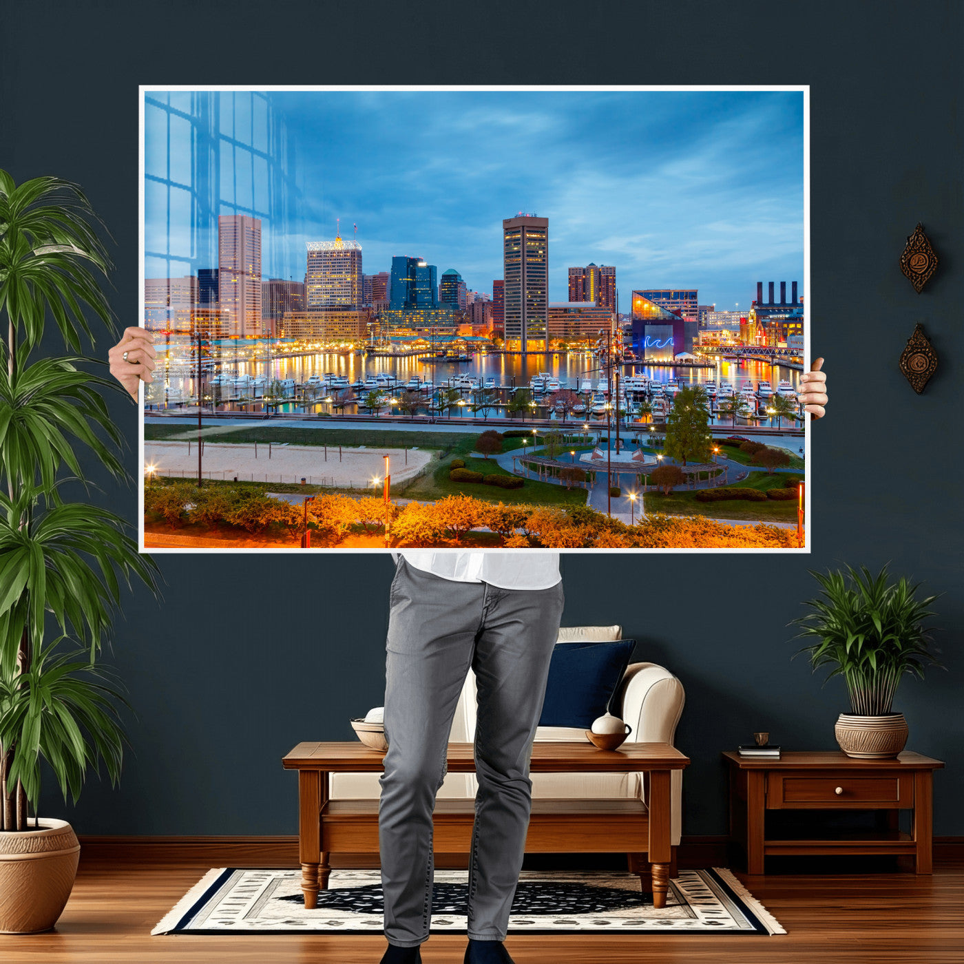 78635089-MGV-CV-36X24 - Baltimore Skyline Wall Art Canvas Print, Baltimore Downtown Night Cityscape Print for Modern Urban Wall Decor