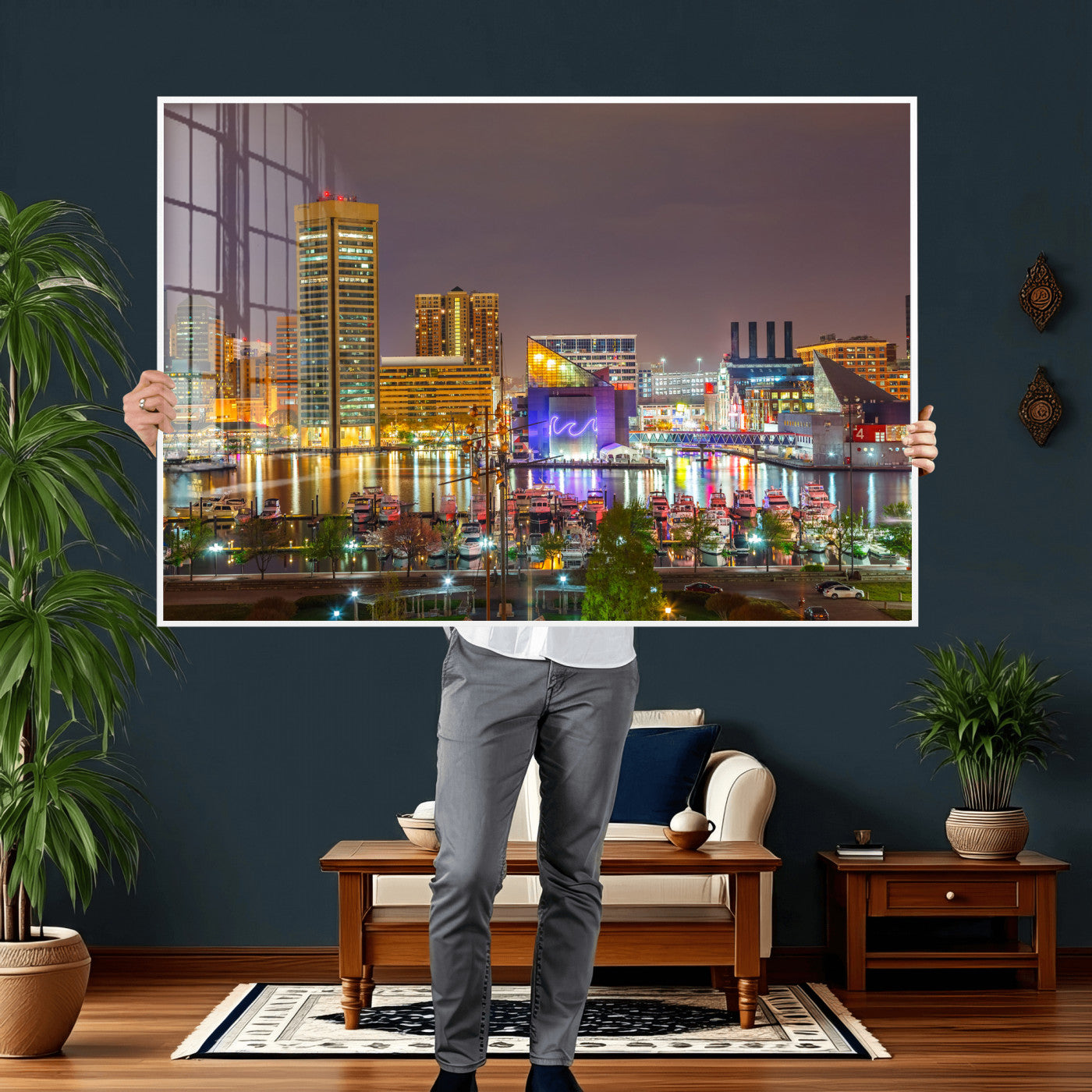 42654823-MGV-CV-36X24 - Baltimore Skyline Wall Art Canvas Print, Baltimore Downtown Night Cityscape Print for Modern Urban Wall Decor