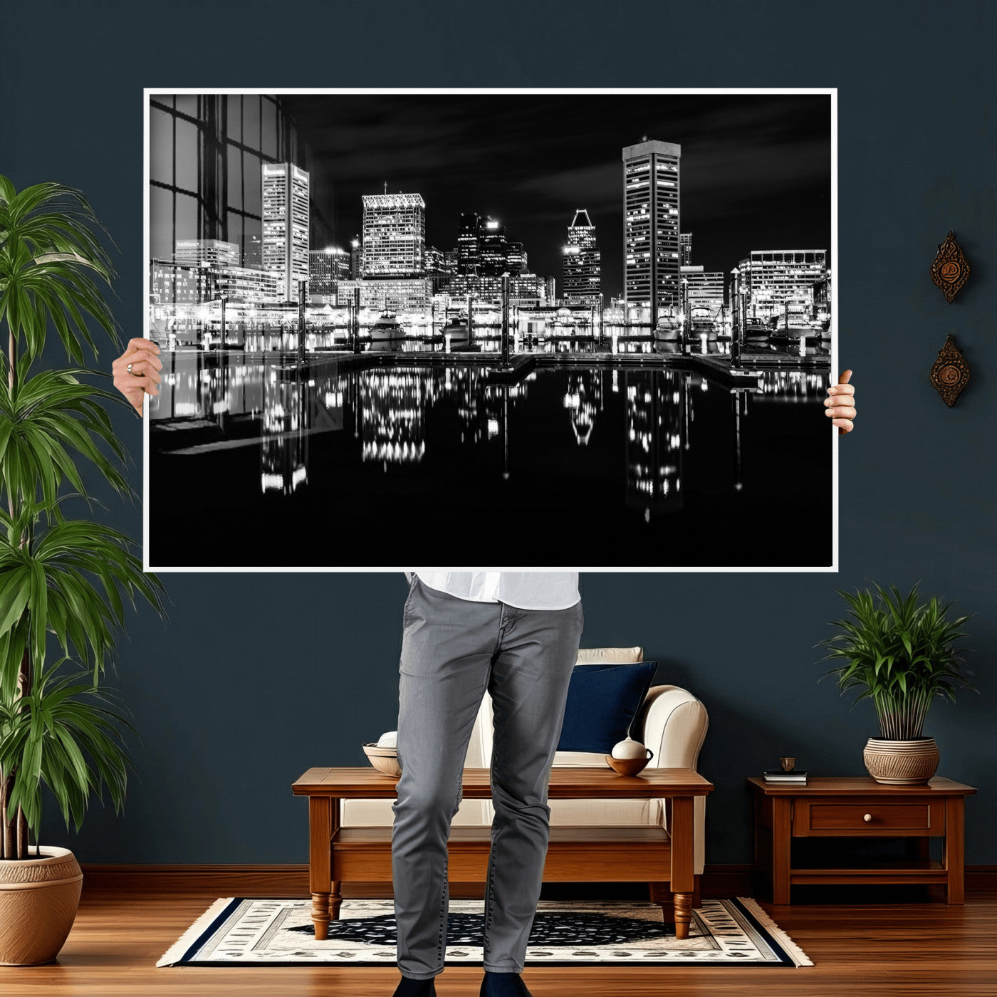69187681-MGV-CV-36X24 - Baltimore Skyline Wall Art Canvas Print, Baltimore Downtown Night Cityscape Print for Modern Urban Wall Decor