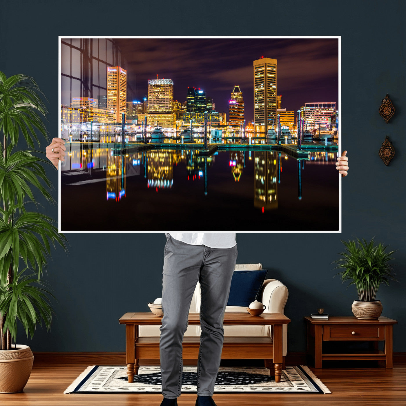 38201692-MGV-CV-36X24 - Baltimore Skyline Wall Art Canvas Print, Baltimore Downtown Night Cityscape Print for Modern Urban Wall Decor