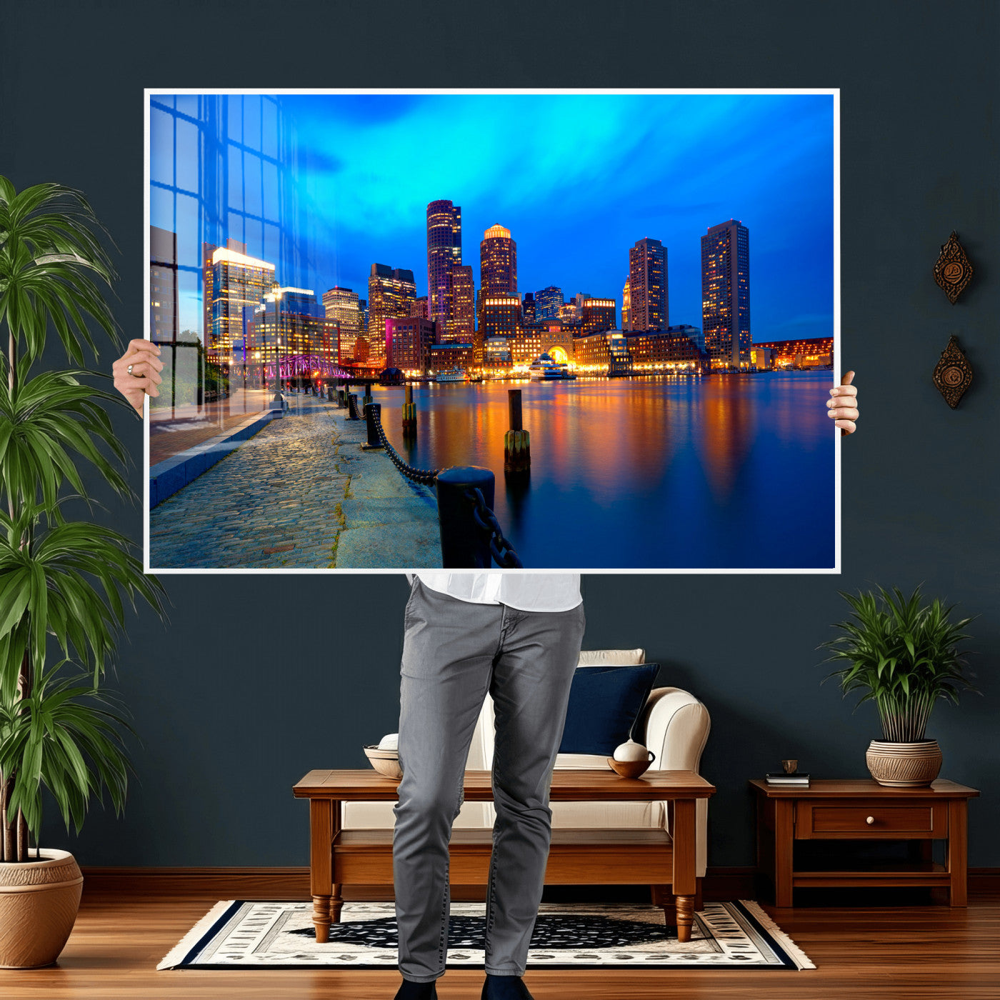 69619565-MGV-CV-36X24 - Boston Wall Art Canvas Print, Boston City Downtown Night Cityscape Print for Modern Urban Wall Decor