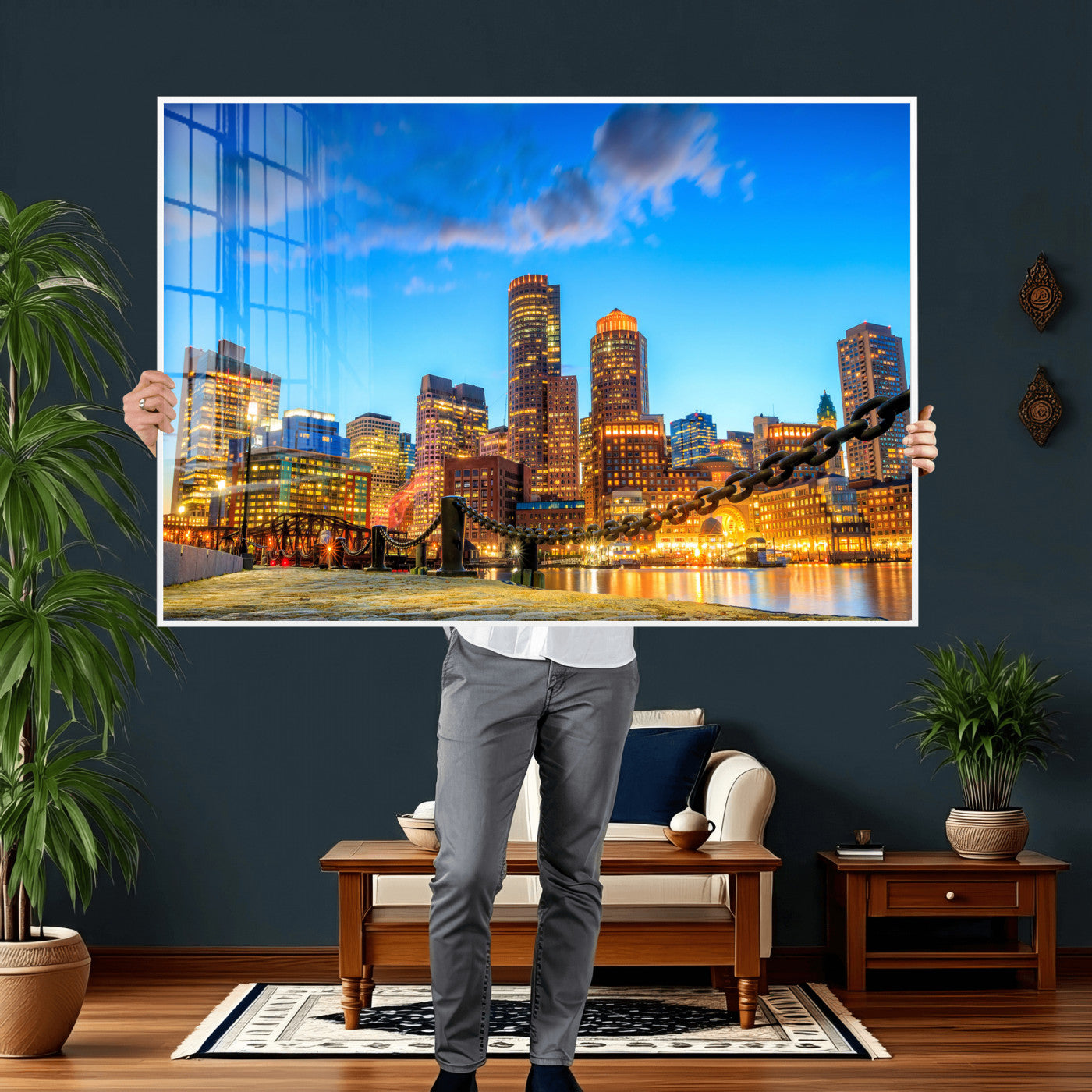 46736409-MGV-CV-36X24 - Boston Wall Art Canvas Print, Boston City Downtown Night Cityscape Print for Modern Urban Wall Decor